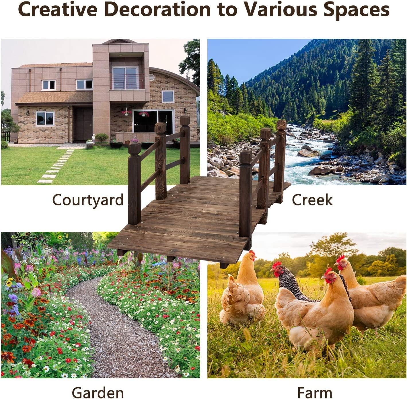 5 FT Wooden Garden Bridge - Patio Bridges w/Double Railings Stained Finish Footbridge Decorative Pond Bridge for Lawn Arc Walkway