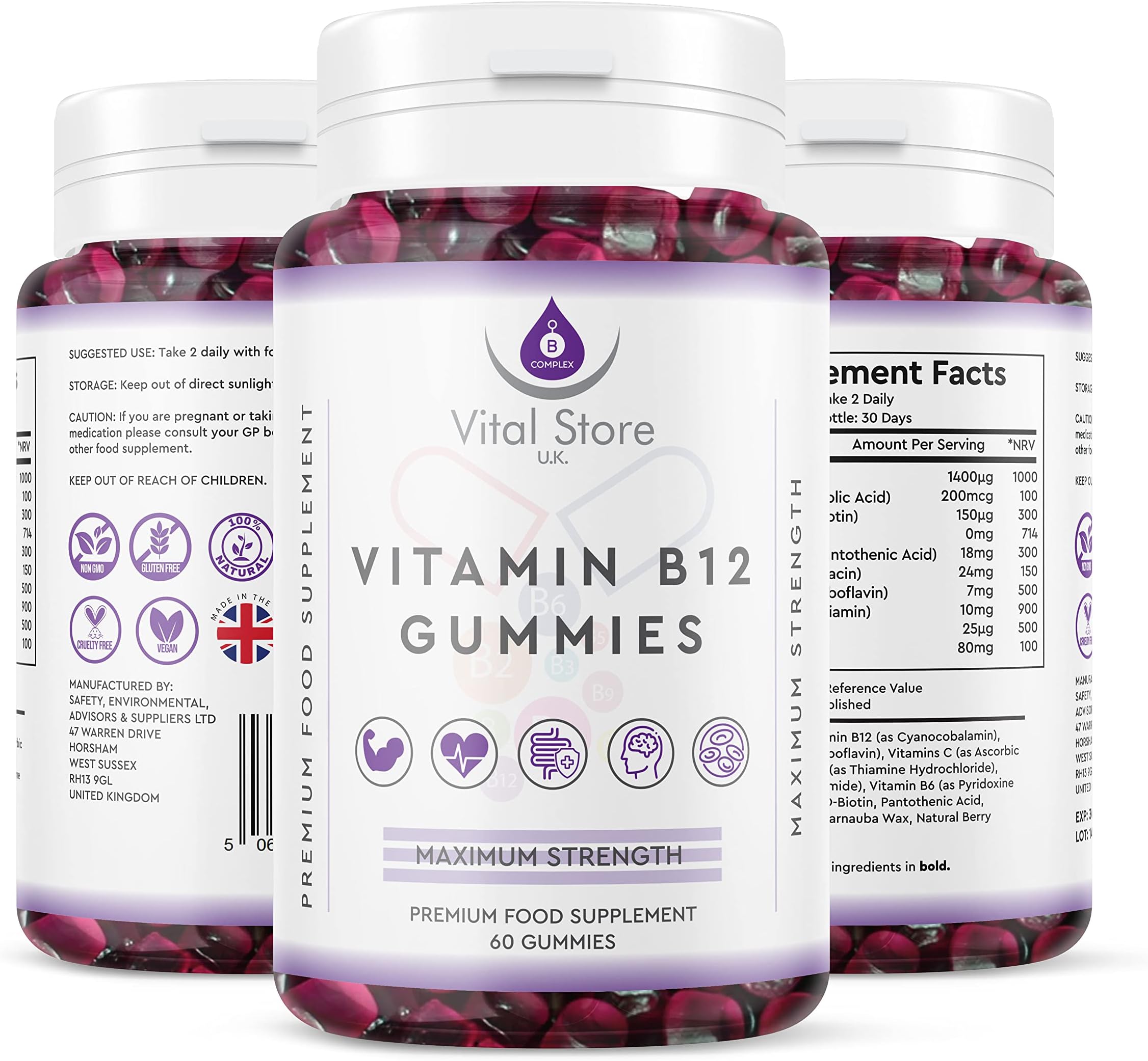 Vital Store U.KVitamin B Complex Gummies - 2800MCG Per Serving - 60ct Berry Flavoured Sugar Free Vegan Gummies - with Added Vitamin C, D & B12,9,7,6,5,3,2,1, 60 Count (Pack of 1)