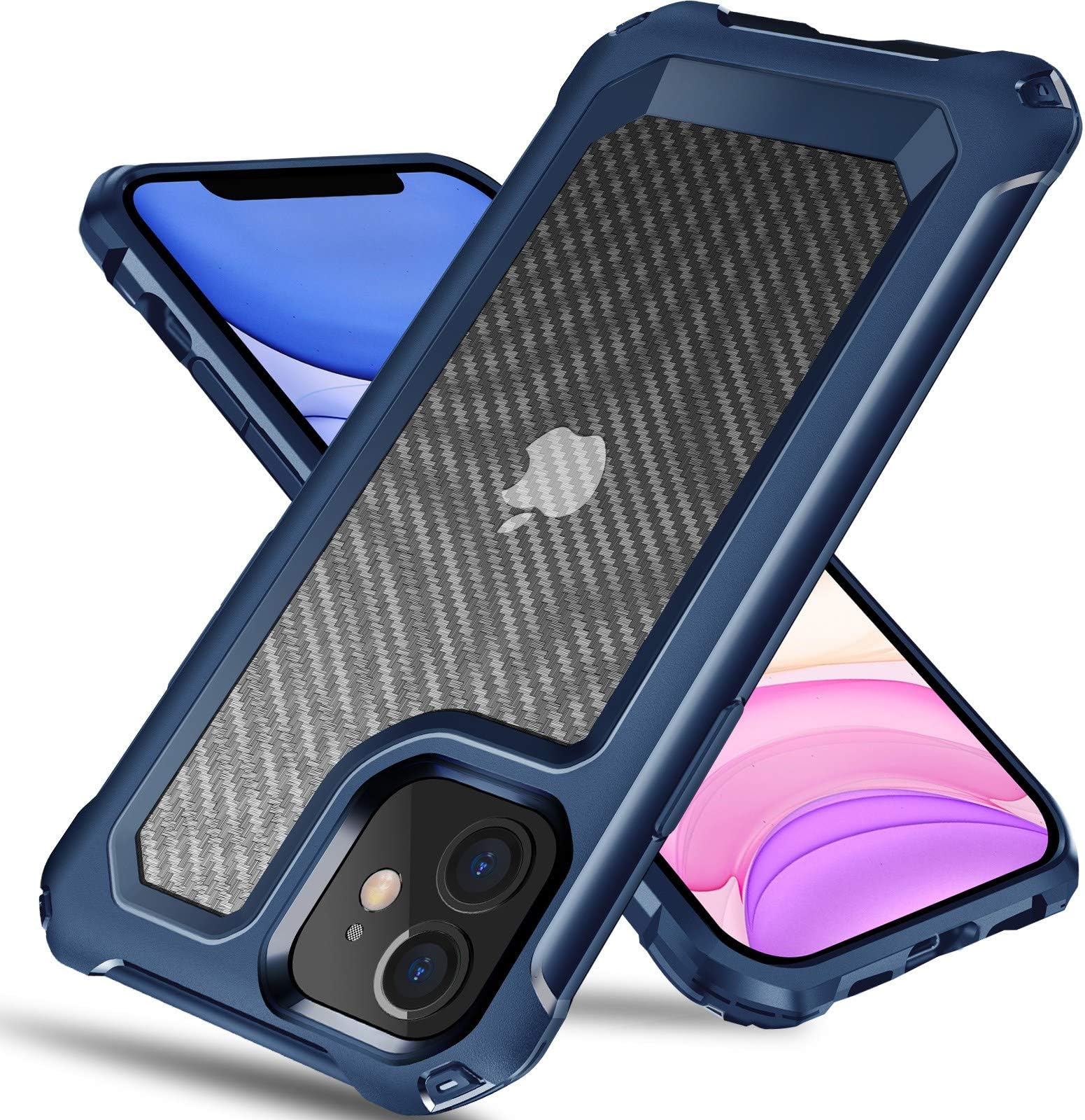 iPhone 11 Case, [Military Grade Shockproof] [Hard Carbon Fiber Back] [Soft TPU Bumper Frame] Anti-Scratch, Fingerprint Resistant, Protective Phone Case for iPhone 11, 6.1 Inch (Blue)