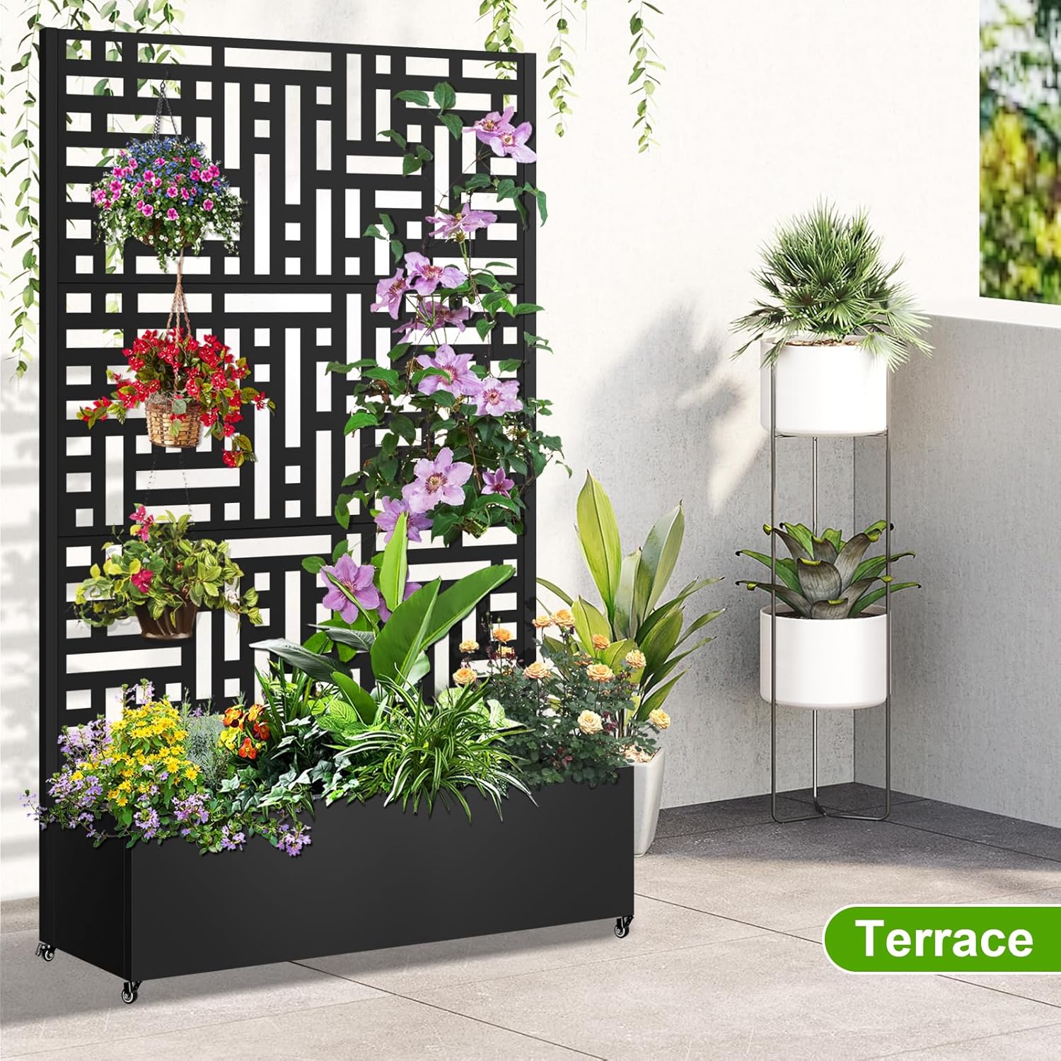 72"x47"x16" Galvanized Steel Raised Garden Bed with Trellis, Outdoor Planter Box with Drainage Holes & Lockable Casters for Climbing Vegetables, Vines & Flowers