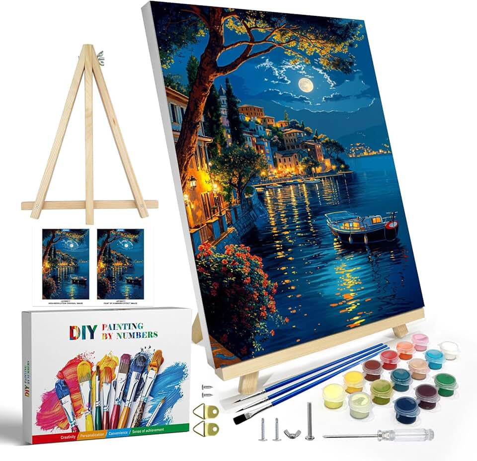 JOOZ Kit de pintura por números para adultos com moldura, pintura de lua por número com cavalete, pintura de barco do lago da cidade DIY por números paisagem para decoração de parede de casa 20 x 30