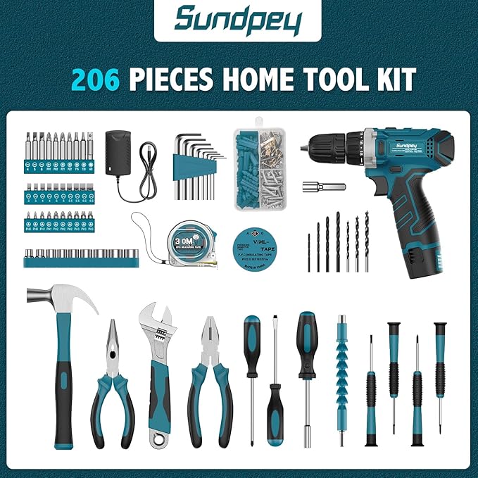 Kit de Herramientas Sundpey 206PCs con Taladro Inalámbrico 12V miniatura 3