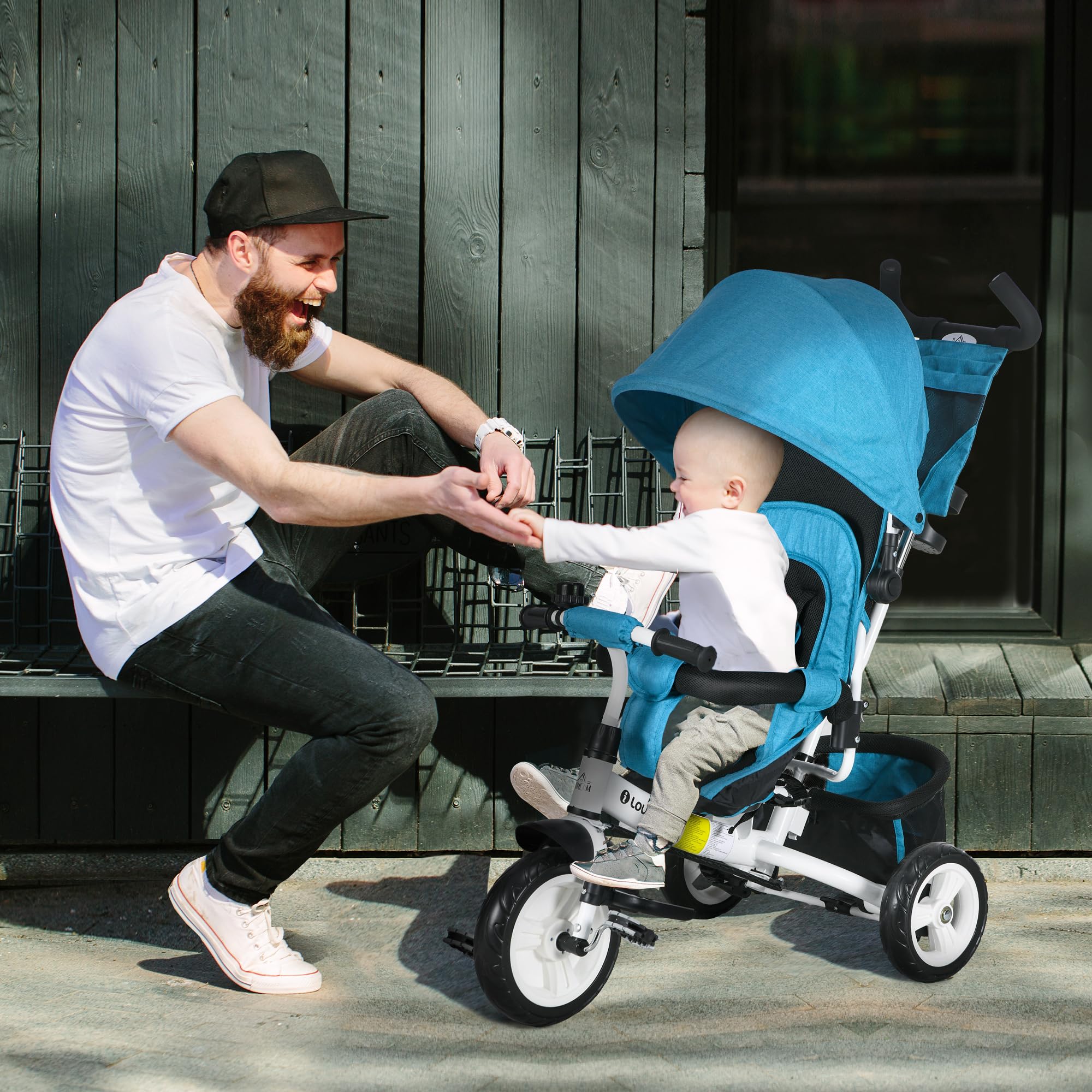 HOMCOM Dreirad 6-in-1 mit Schubstange für 1-5 Jahre Kinder bis 25kg, Kinderdreirad mit Vorwärts und Rückwärtsfahrt, Korb Tasche Becherhalter Sonnendach, Blau
