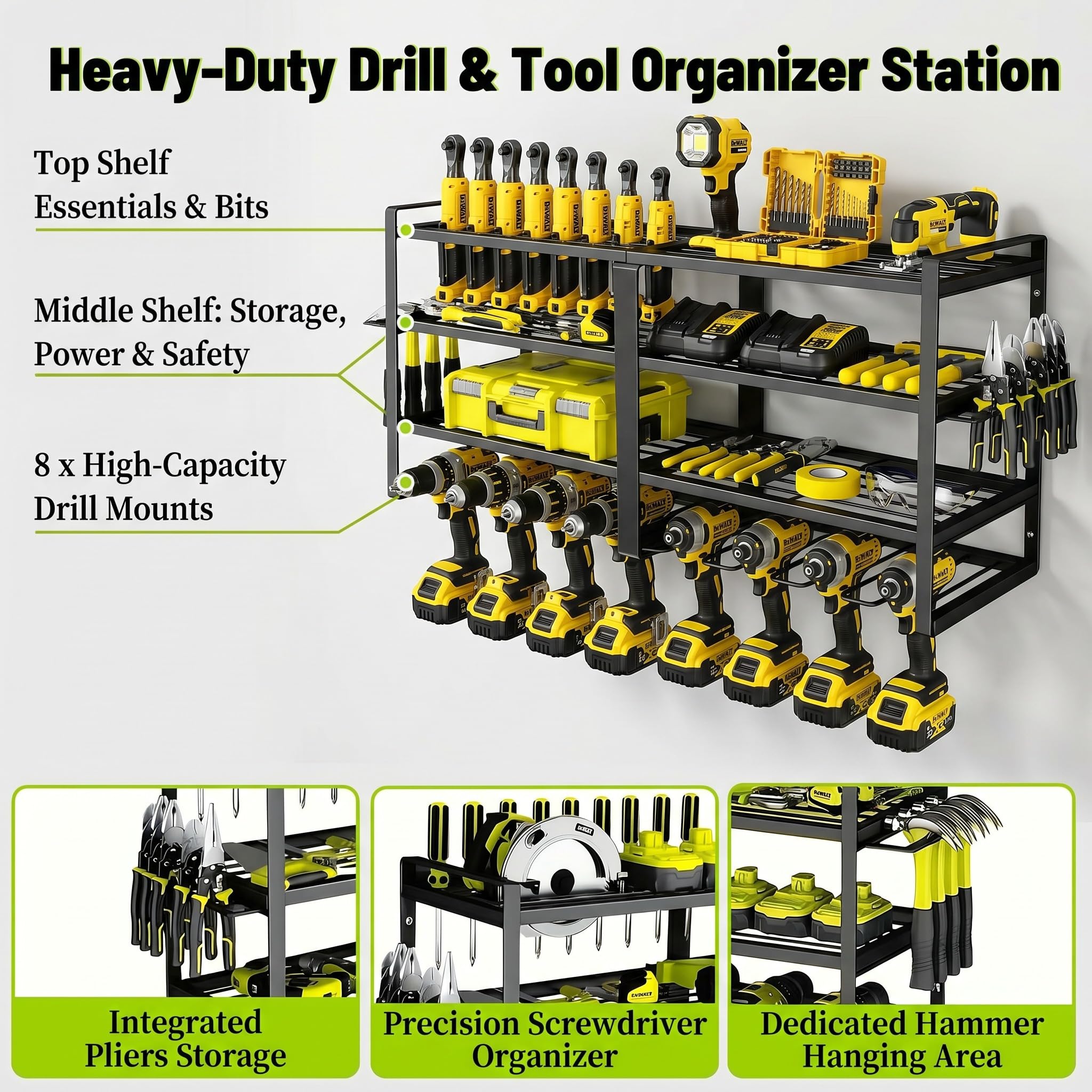 SOONHUA Organizer per Utensili Elettrici da Parete a 4 Strati, Portautensili in Ferro con 8 Scomparti per Trapano, Supporto per Pinze e Martello, Scaffale per Garage e Officina (81x41x20 cm, Nero)