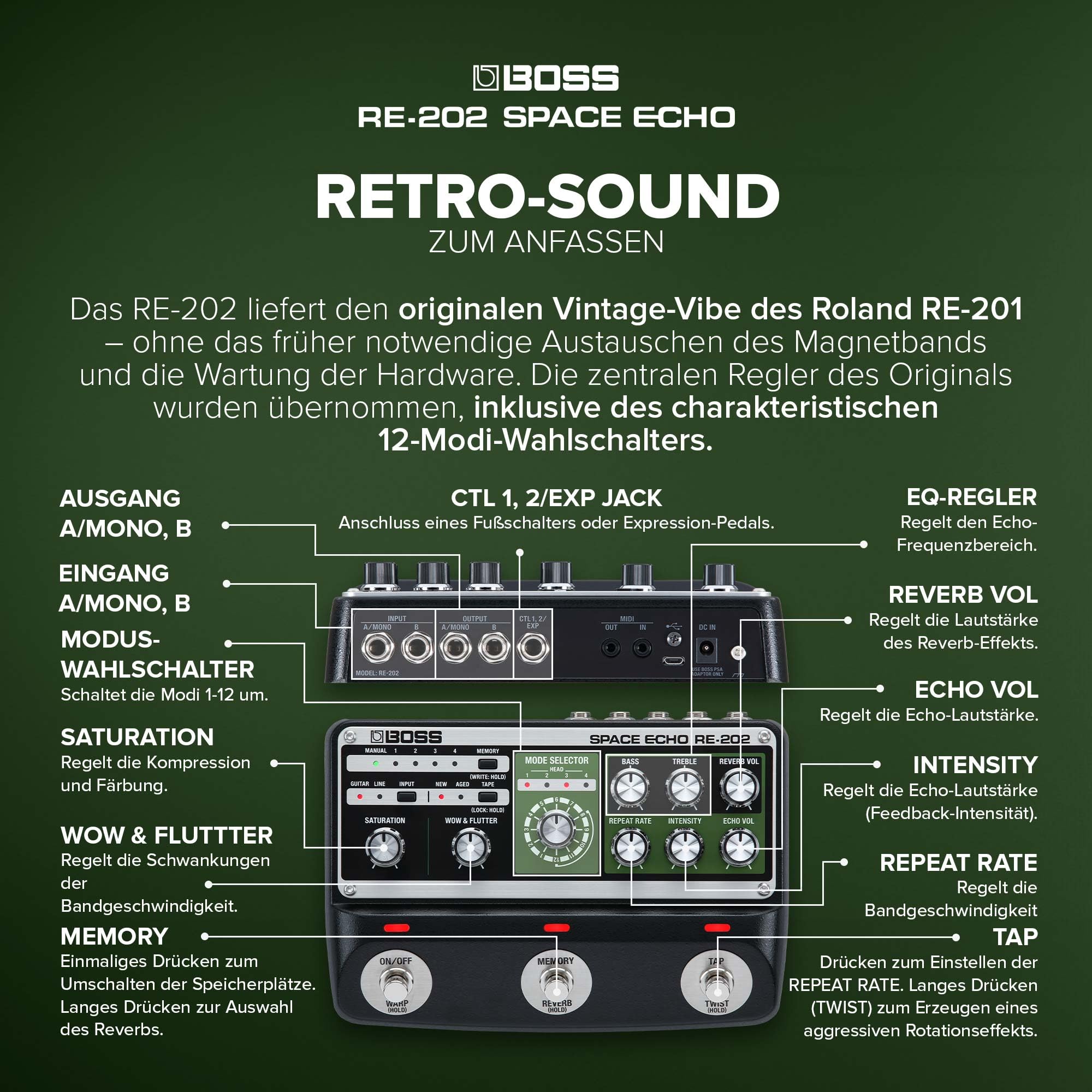 BOSS RE-202 Space Echo Tape Echo Delay Reverb Effektpedal Stereobetrieb Federhall Wow & Flutter