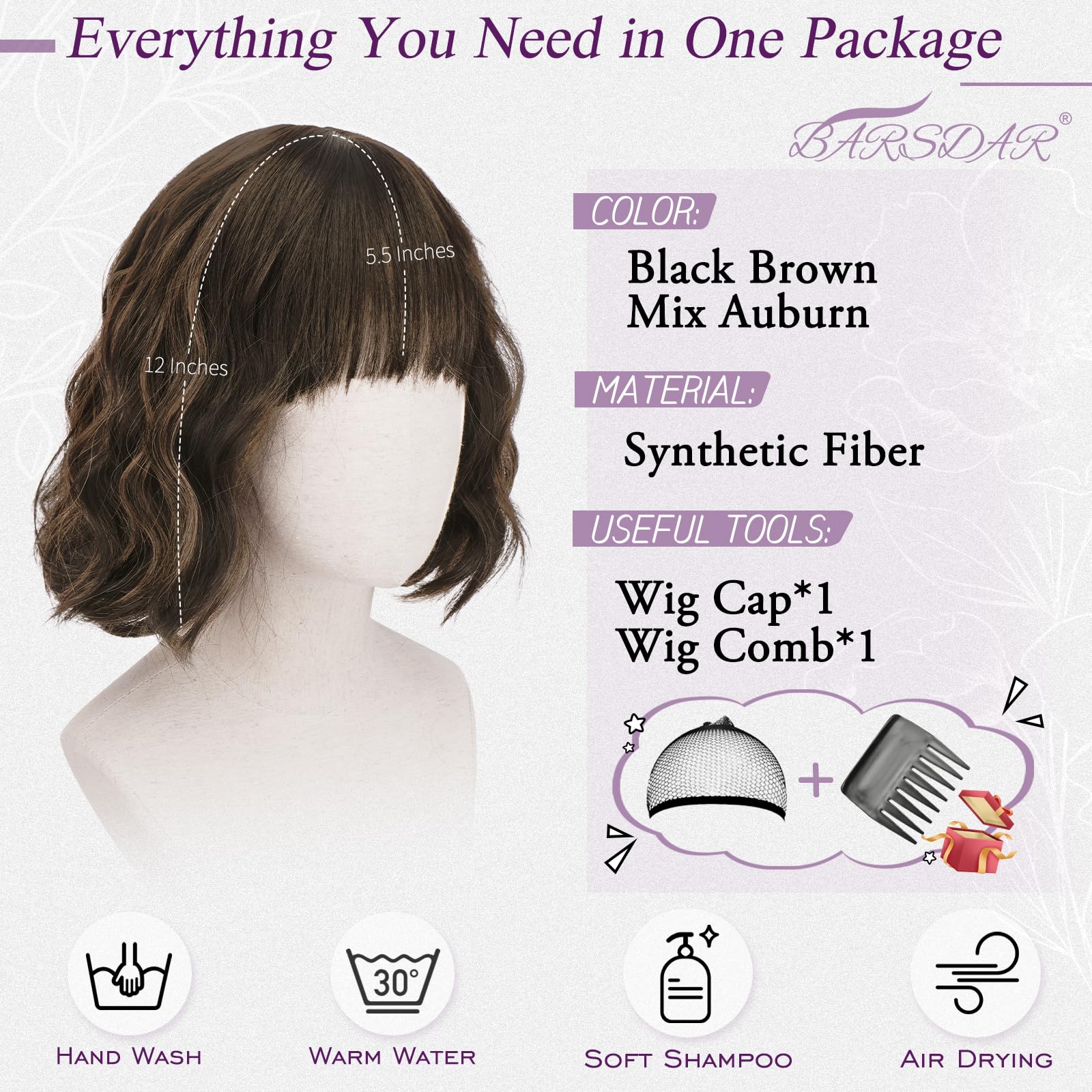BARSDAR Short Wavy Wig with Bangs, Short Black Brown Mix Auburn Highlights Bob Wigs for Women - Image 2