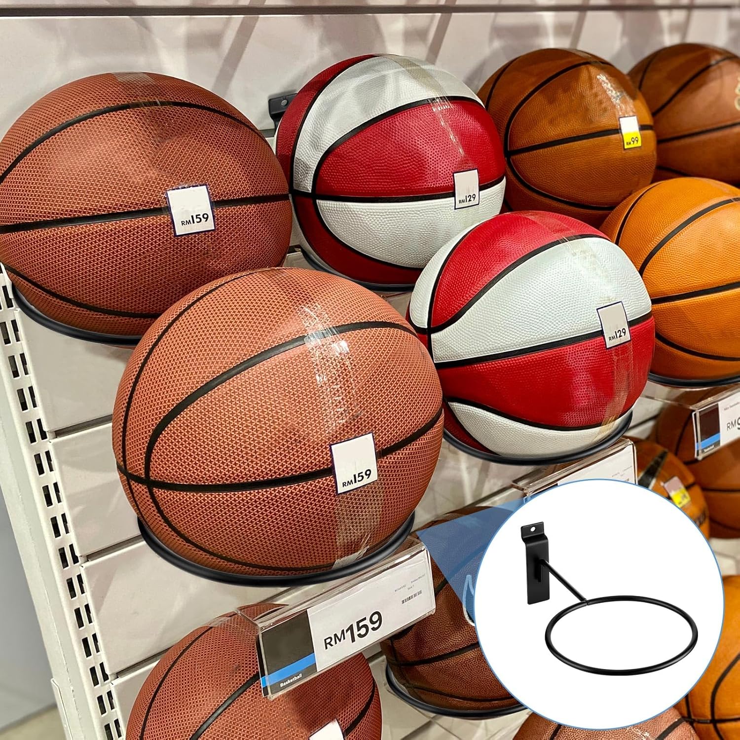 Gisafai 6 Pcs Basketball Holder Wall Mmount Slatwall Metal Ball Storage Multi Function Ball Holder Universal Basketball Display Rack for Sport Football Volleyball Soccer Display