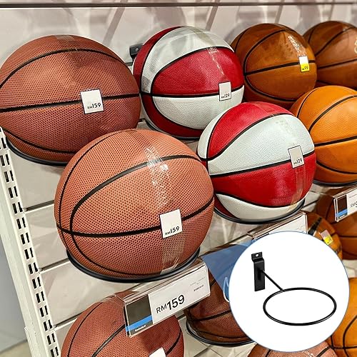 Miniatura 6 de Gisafai 6 unidades de almacenamiento de bolas de metal Slatwall multifunción, soporte de pelota Slatwall para baloncesto, soporte de pared para