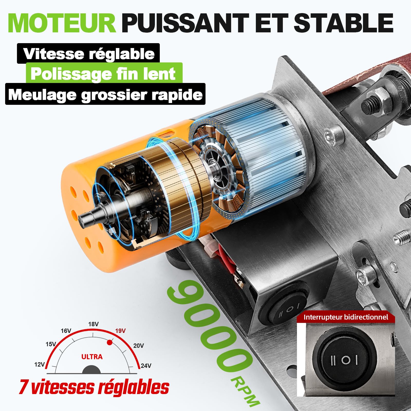 SI FANG Mini Ponceuse à Bande électrique Kit d'affûtage de Couteau, Petite Meuleuse d'établi, 7 Vitesses réglables, Pour le Travail du bois et du métal, la Bijouterie l'artisanat Polissage Meulage