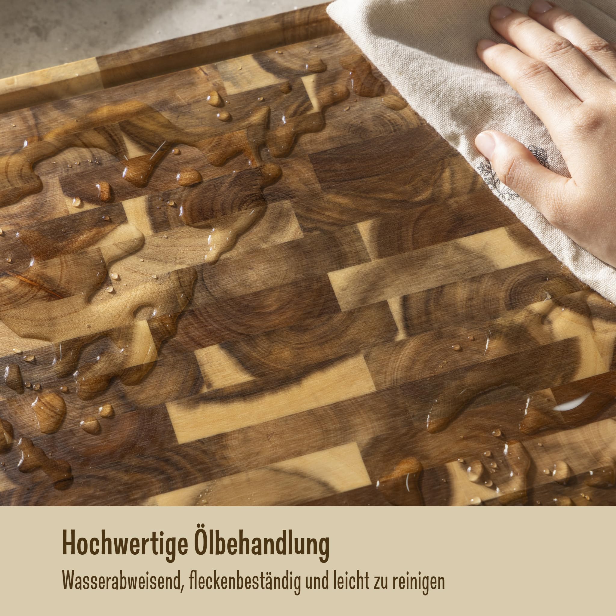 Schneidebrett Holz Set – 2,5 cm stark, mit hochwertiger Öl-Oberfläche, Saftrille, Anti-Rutsch-Füßen & Brettständer – Akazienholz Schneidebretter in luxuriöser Geschenkbox