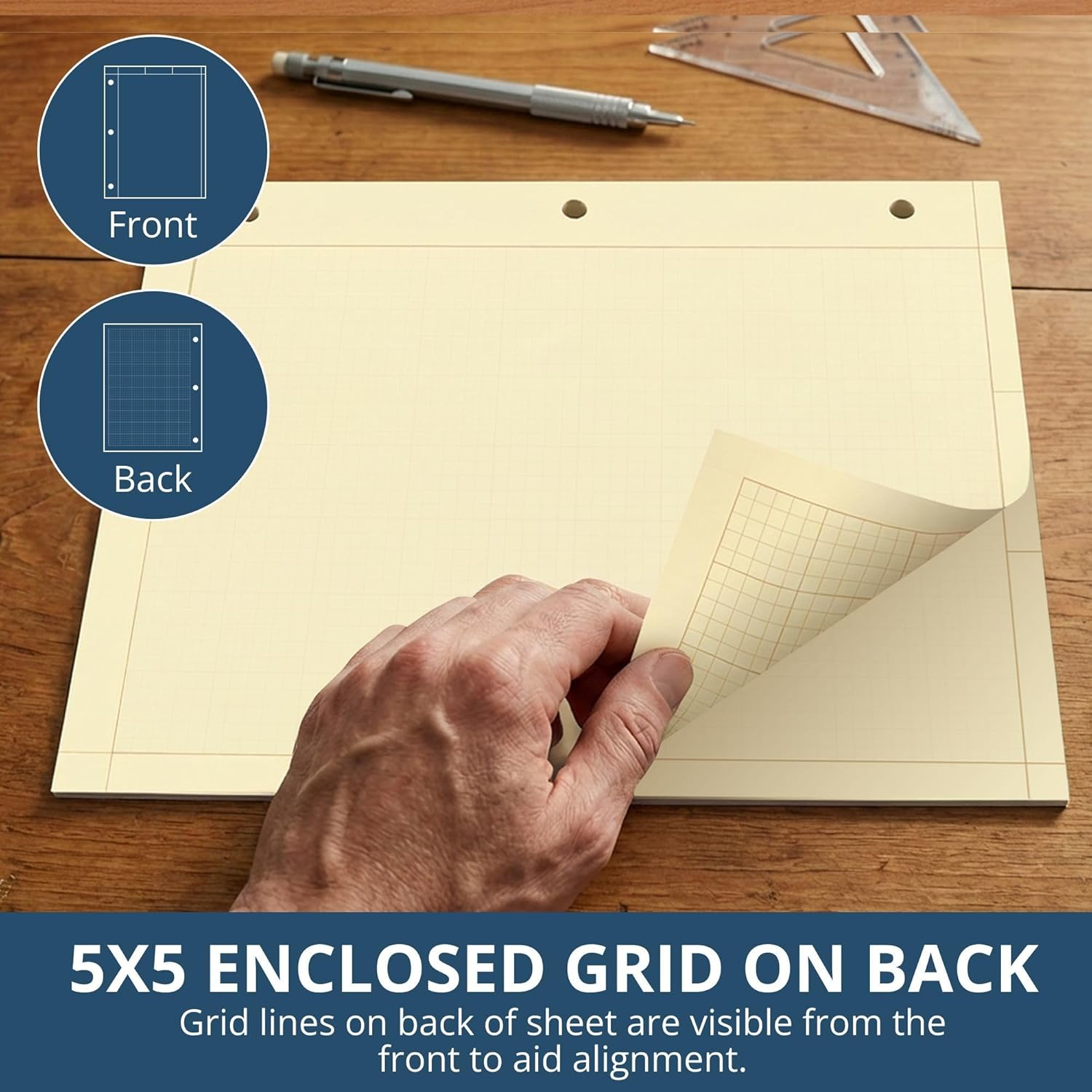 ROARING SPRING Graph Ruled Engineering Pad, Engineering Graph Paper Pad, 5x5 Enclosed Grid, 8.5" x 11", 100 Sheets, 3 Hole Punched, Buff Tinted Sheets, Made in USA