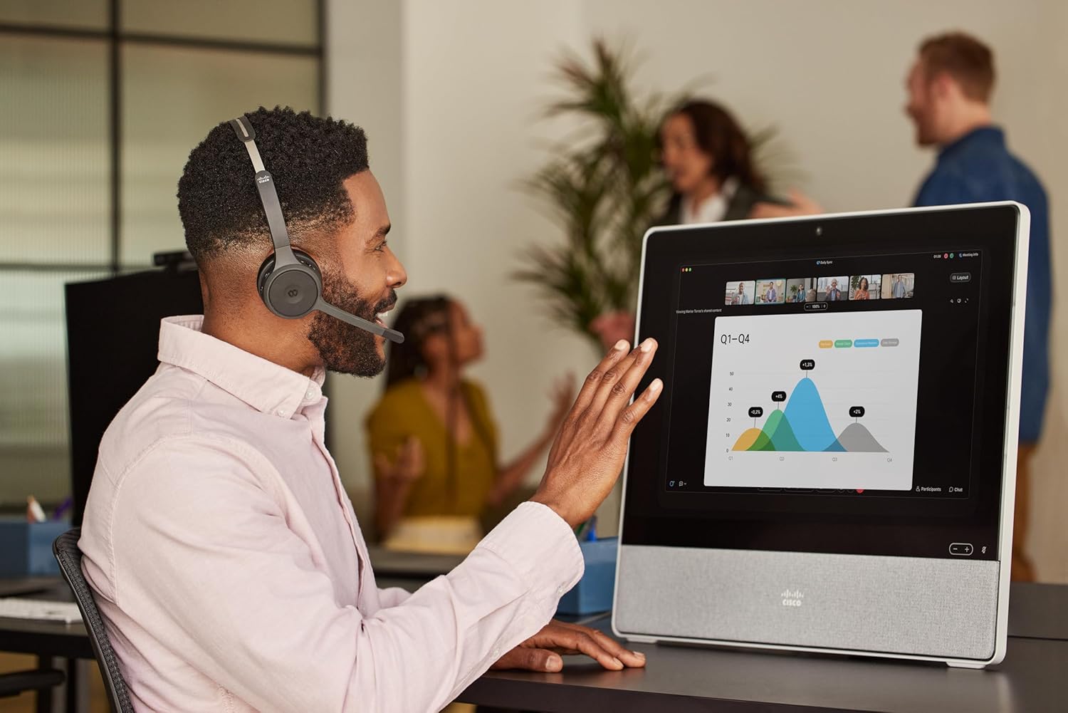 Person using Cisco Headset 721 during a video call