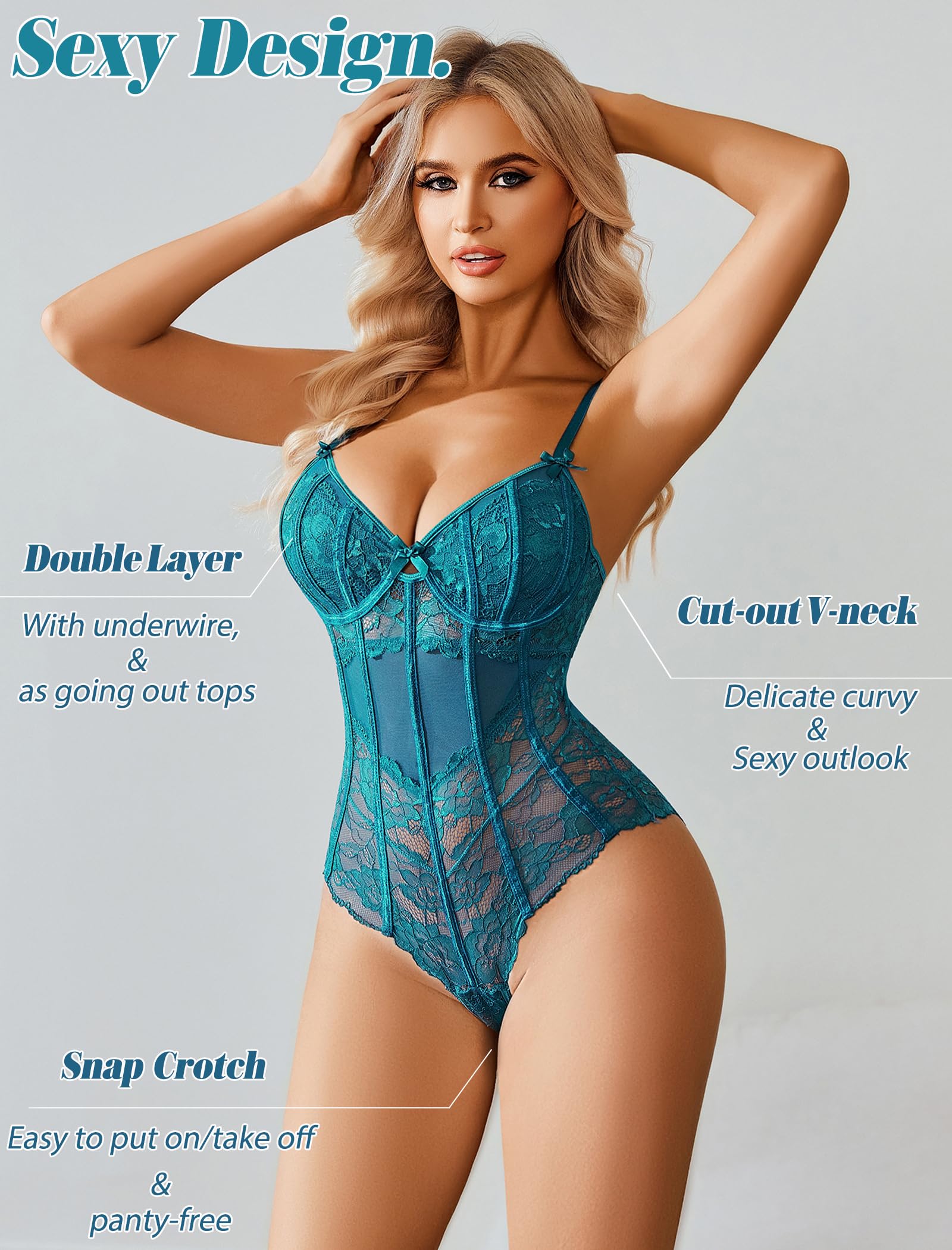 Avidlove Bodysuit for Women Sexy Lace Top One Piece Lingerie V Neck Mesh Tops Going Out Cami Naughty Push Up Body Suit S-XXL: Medium Blue Green