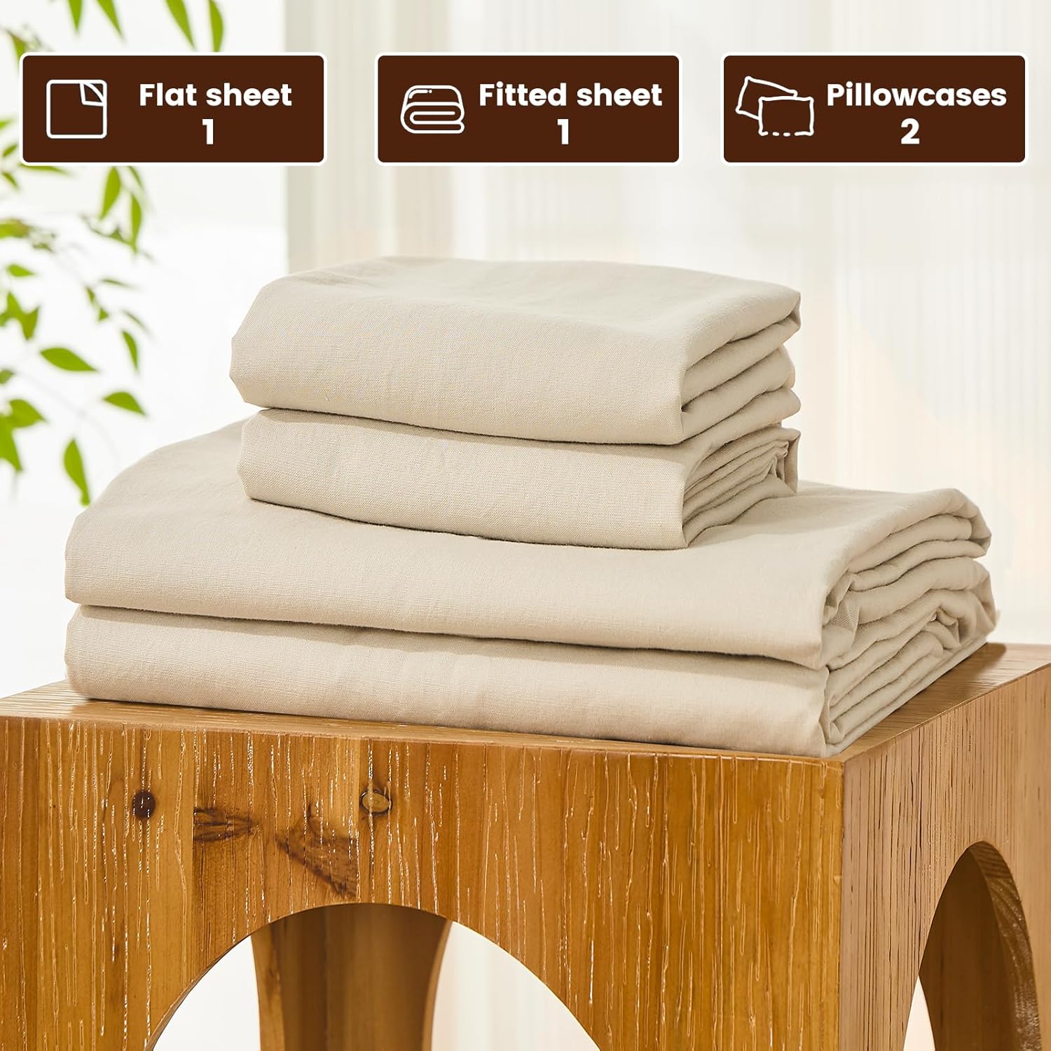 Bedlifes 100% French Pure Linen Sheets King Size Breathable and Cooling Flax Sheet Set Soft Durable and Moisture Wicking 16 Inch Deep Pocket-4 Piece(King,Linen) 4PC-16"-King Linen image 3 of 8 B0F238RF1G