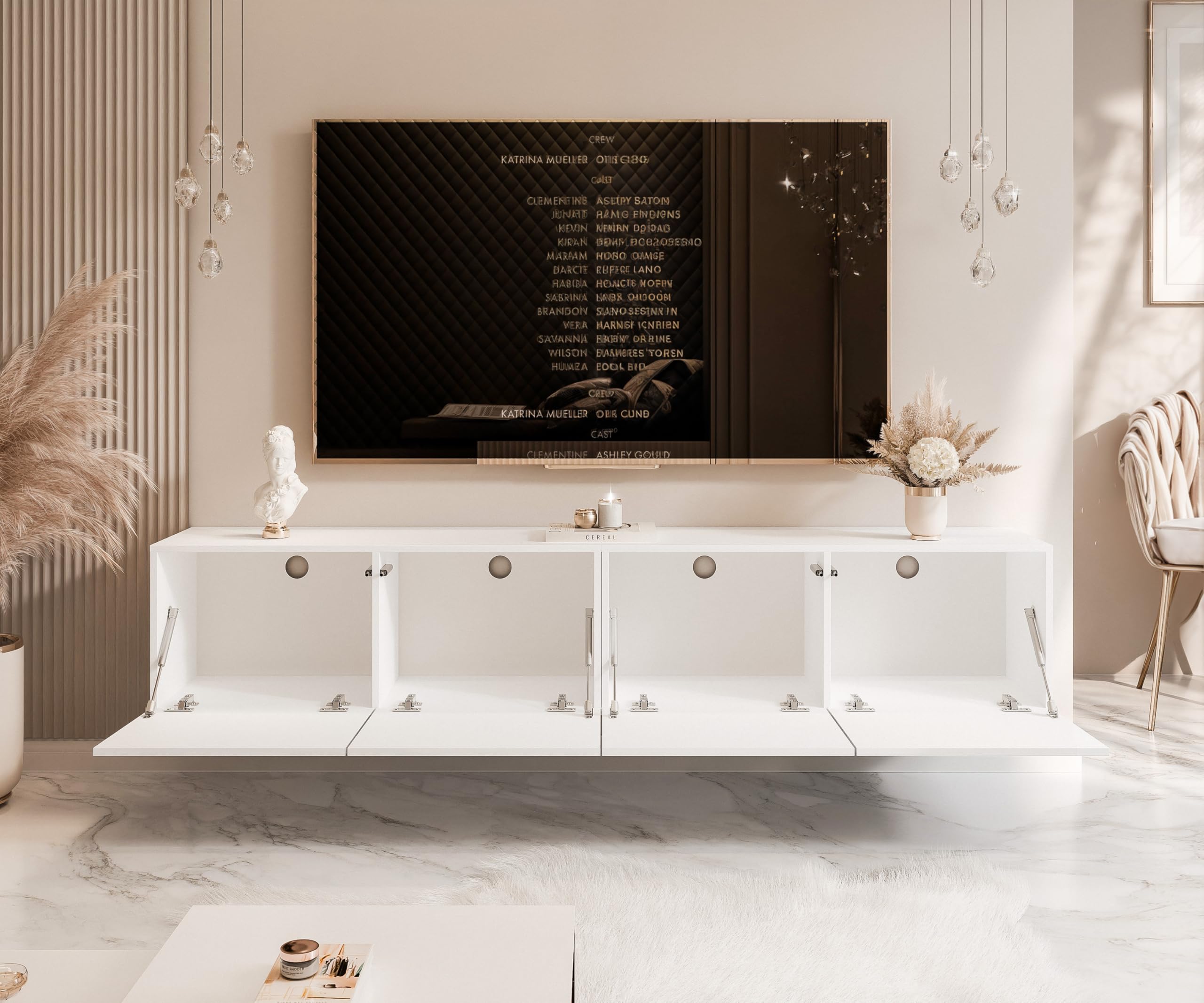 200 cm Meuble TV Suspendu 200 cm avec Rangement et LED - Meuble TV Mural avec 4 Compartiments Spacieux