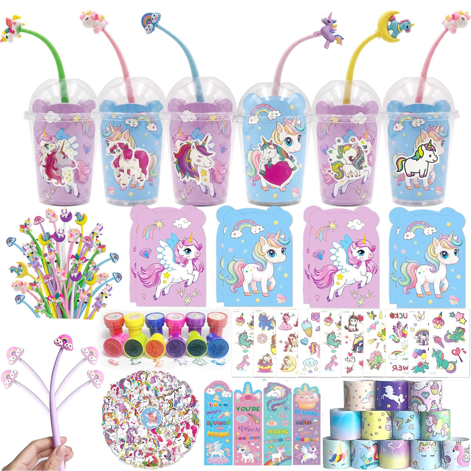 Mepmela Confezione da 24 sacchetti con unicorno, per feste di compleanno, set con coppe, mini quaderni, penne shaker per pignatta, regali in classe, premi, sacchetti regalo