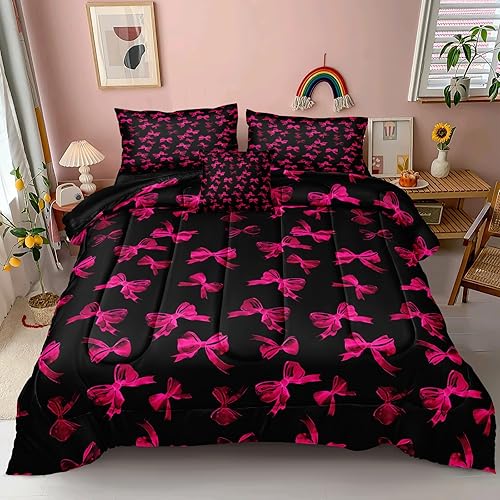 Merryword Juego de edredón con lazo rosa intenso, tamaño King, 4 piezas, pajarita princesa, ropa de cama color negro, edredón de cama