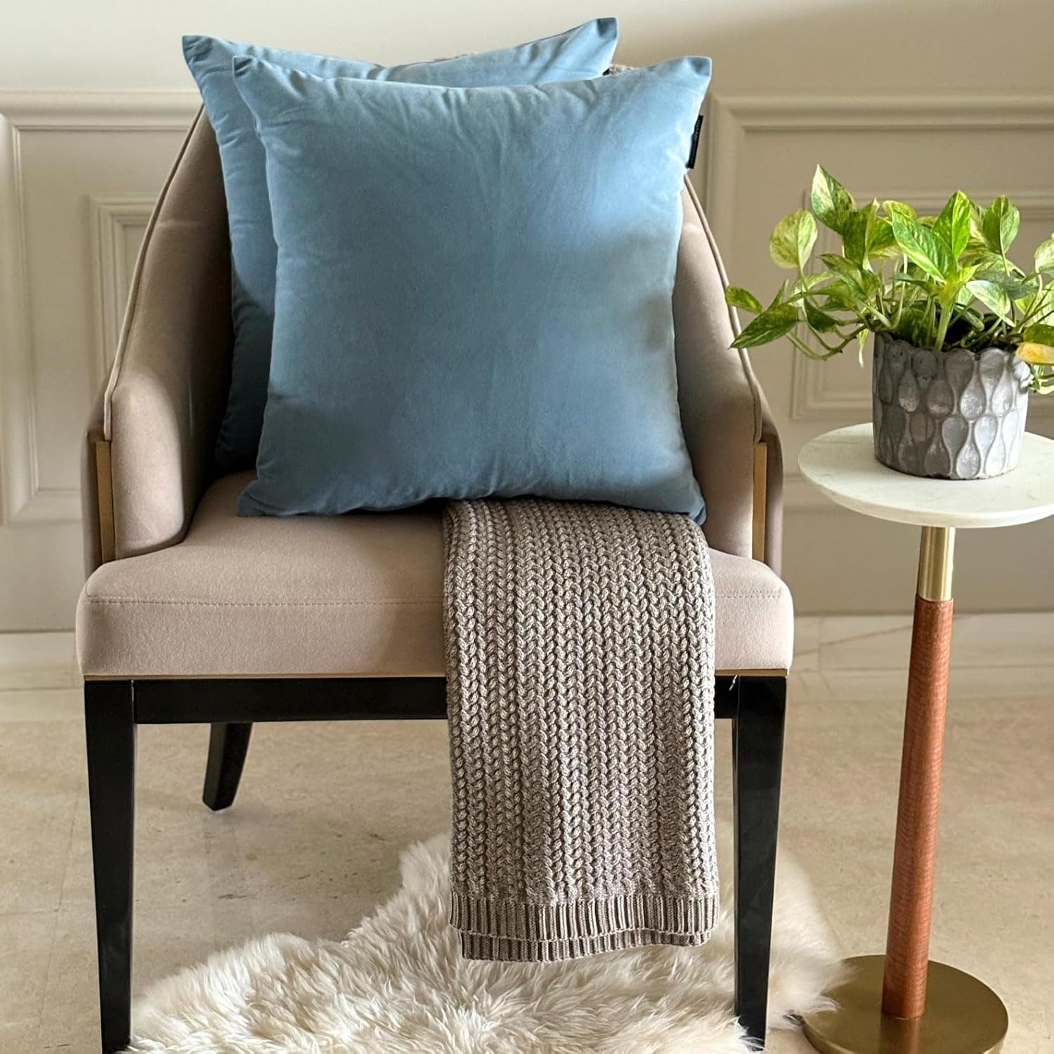 Dusty Blue Decorative Throw Pillow Covers 14"x14" | Pack of 2 Modern Plain Velvet Cushion Cover | Solid Color Pillowcases for Couch, Sofa Bedroom & Living Room, Modern Home Décor - Dusty Blue Velvet