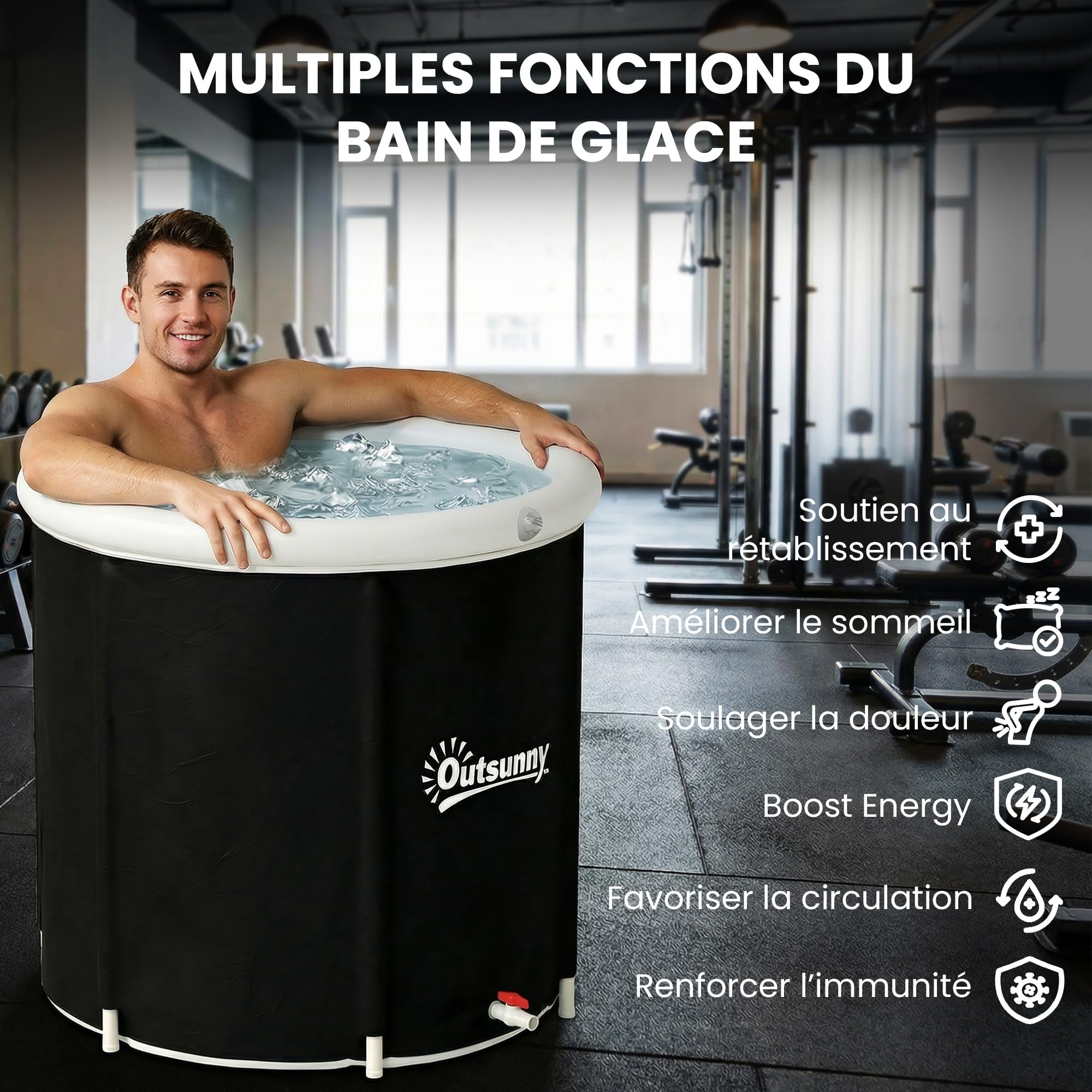 Outsunny Baignoire à Glace Pliable Gonflable pour Athlètes 280 L, Bain Froid Multicouche avec Couvercle et Pompe pour Entraînement à l'Eau Froide en Intérieur et Extérieur, 78x78x71 cm, Noir