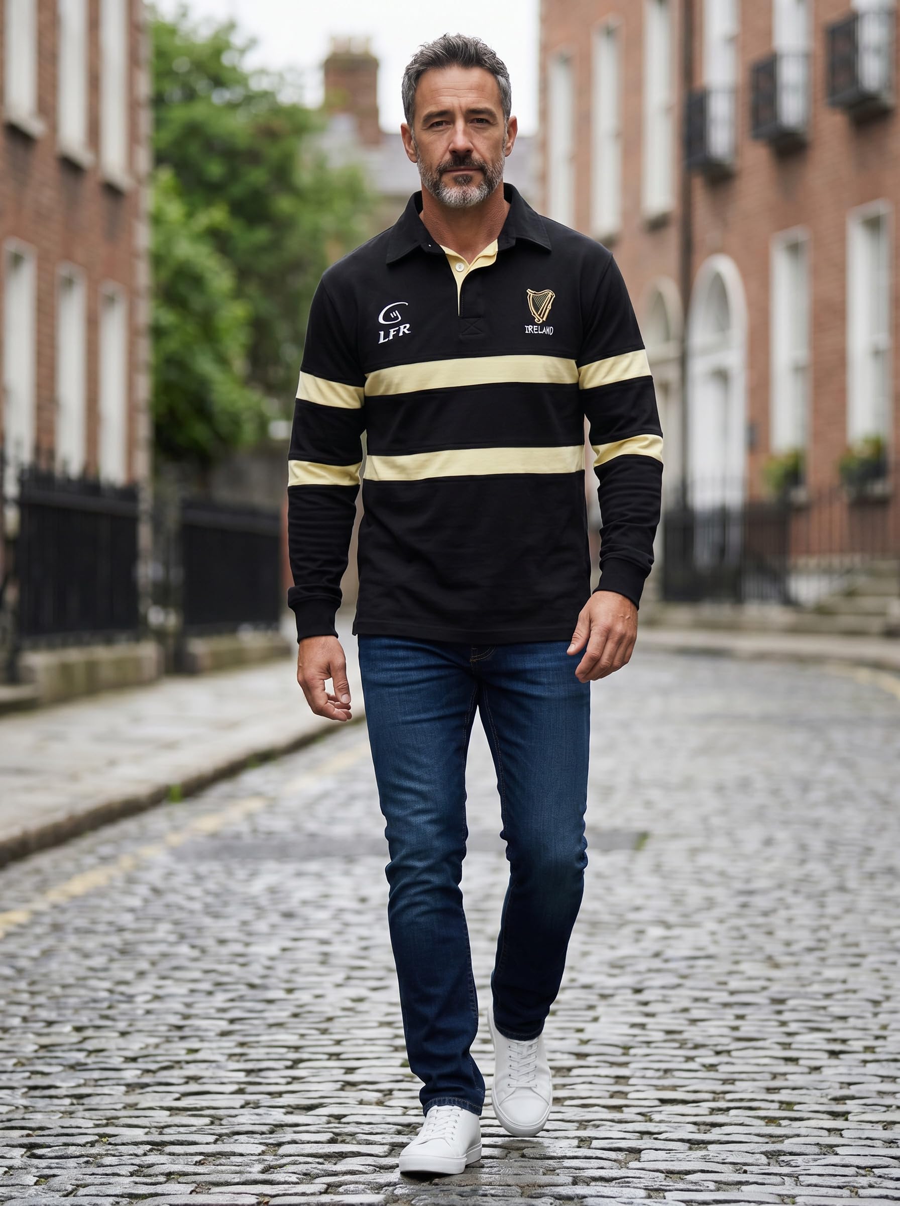 Irlanda Harp - Camiseta de rugby de manga larga, color negro y crema (S-XXXL)