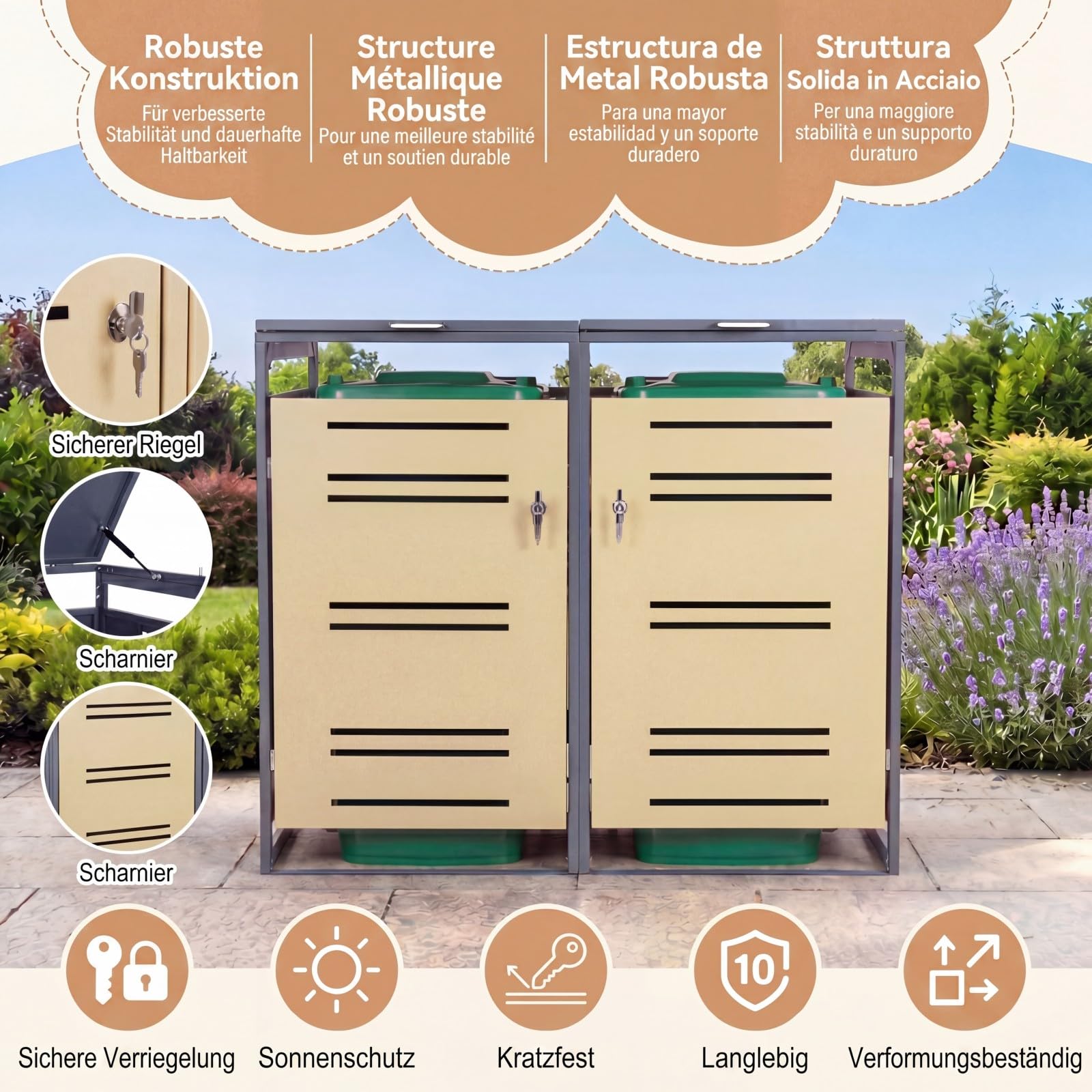 GYMAX Mülltonnenbox 2er, Mülltonnenhaus für 2X Tonnen 120-240 Liter, Mülltonnenverkleidung mit abschließbarer Tür & Gasdruckfeder, Mülltonnenhäusschen, Mülleimerboxen, Aufbewahrungsbox (Grau+Gelb)