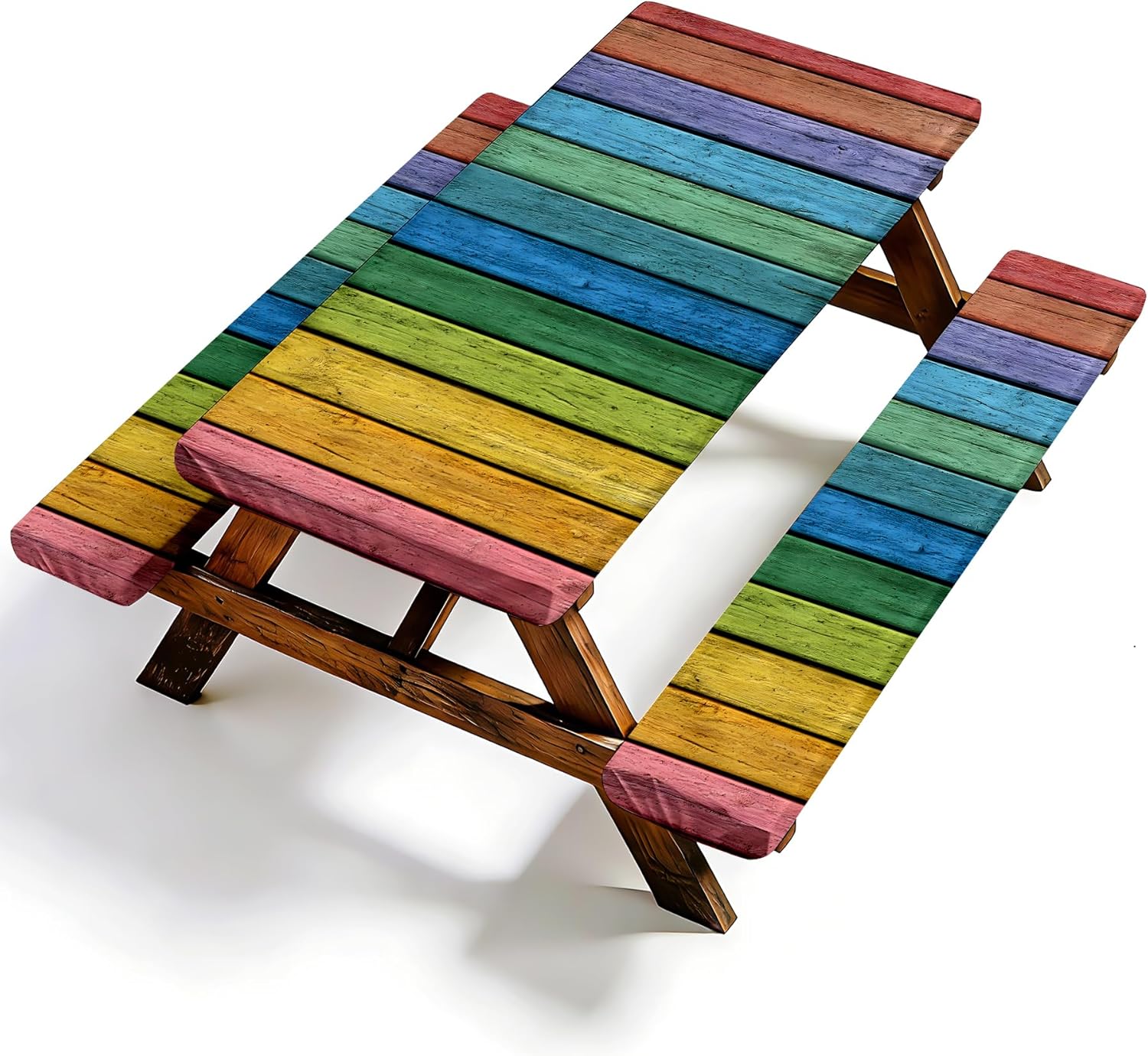 NYZE 3 Pieces Rainbow Stripeds Picnic Table Cover with Bench Covers Set, Elastic Edge Camping Tablecloth, Tablecloth Cover with Drawstring Bag, Camping Essentials for Outdoor Picnics, Patio, BBQ