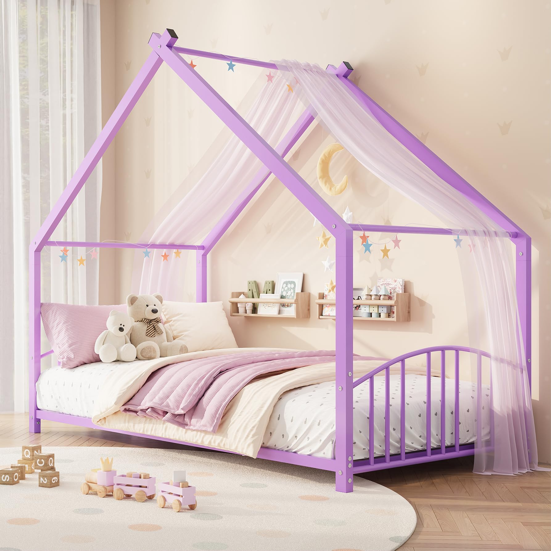 Garvee Twin Size Metal House Bed Frame for Kids, Purple