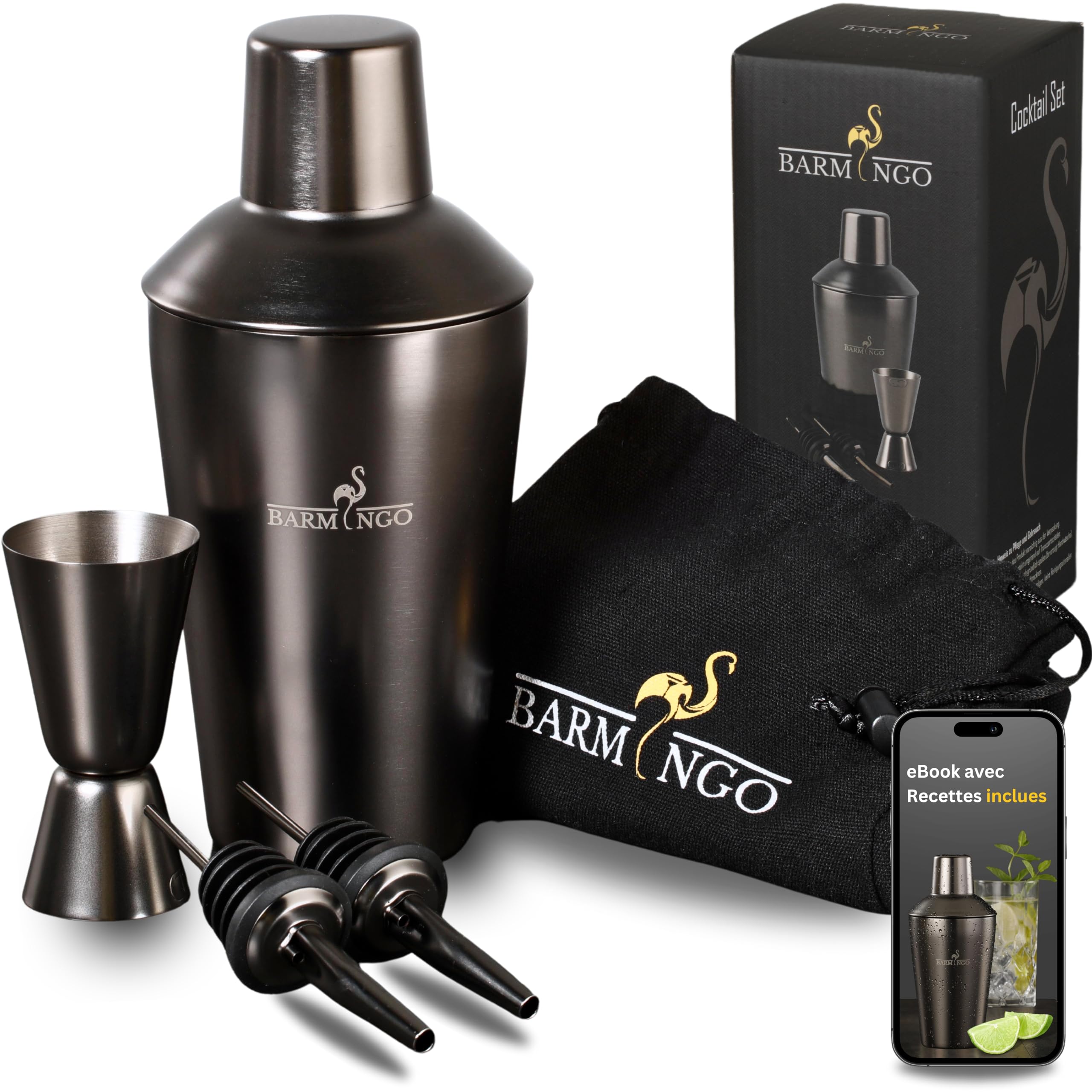 Shaker Cocktail Kit | 5 Pièces, Volume de 500 ML, Noir Métallisé | Shaker Cocktail INOX avec Accessoires de Bar | Set Barman Cocktail Shaker | Kit Cocktail Professionnel