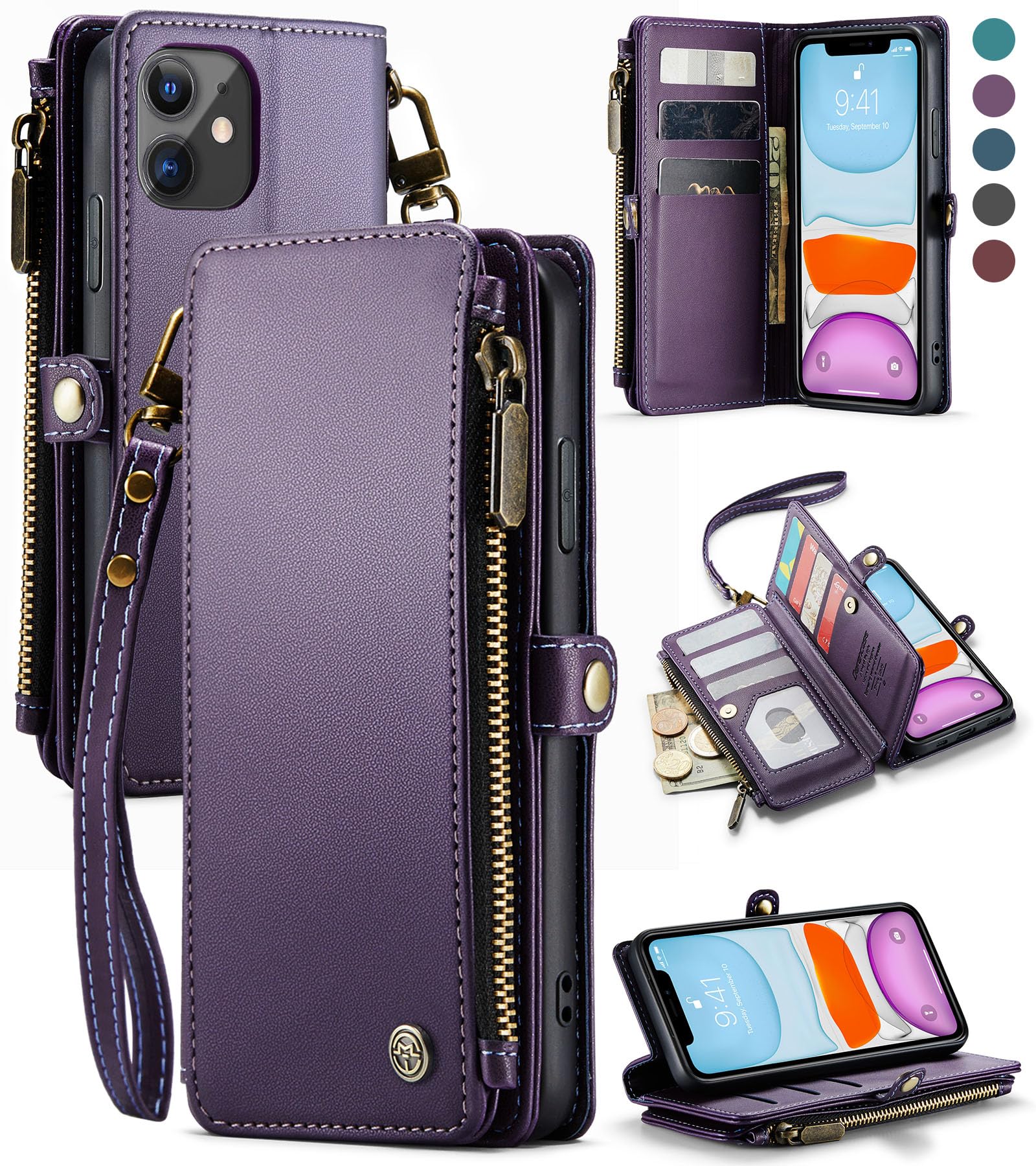 Defencase for iPhone 11 Case, RFID Blocking for iPhone 11 Wallet Case for Women and Men with Card Holder, Zipper Pocket Magnetic Flip PU Leather Protective Cover for iPhone 11 Phone Case 6.1, Purple