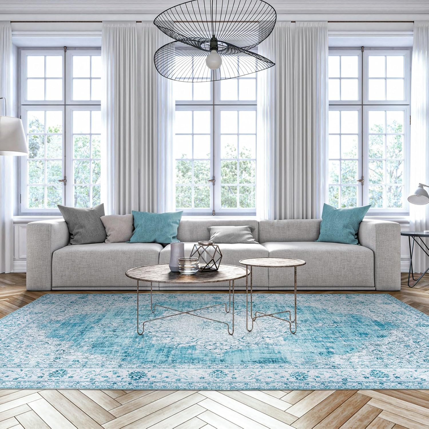DECOMALL Kalina Washable Area Rugs 8x10ft, Bohemian Vintage Foldable Large Carpet for Living Room Bedroom, Blue White