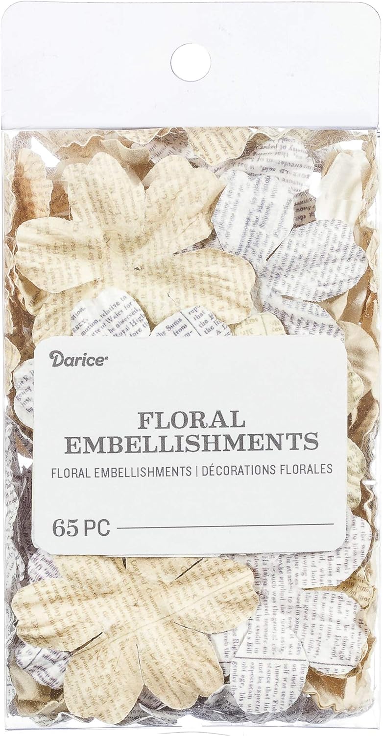 Darice Newspaper Floral Embellishments: White/Ivory, 1.75 in, 65 Pack, Assorted