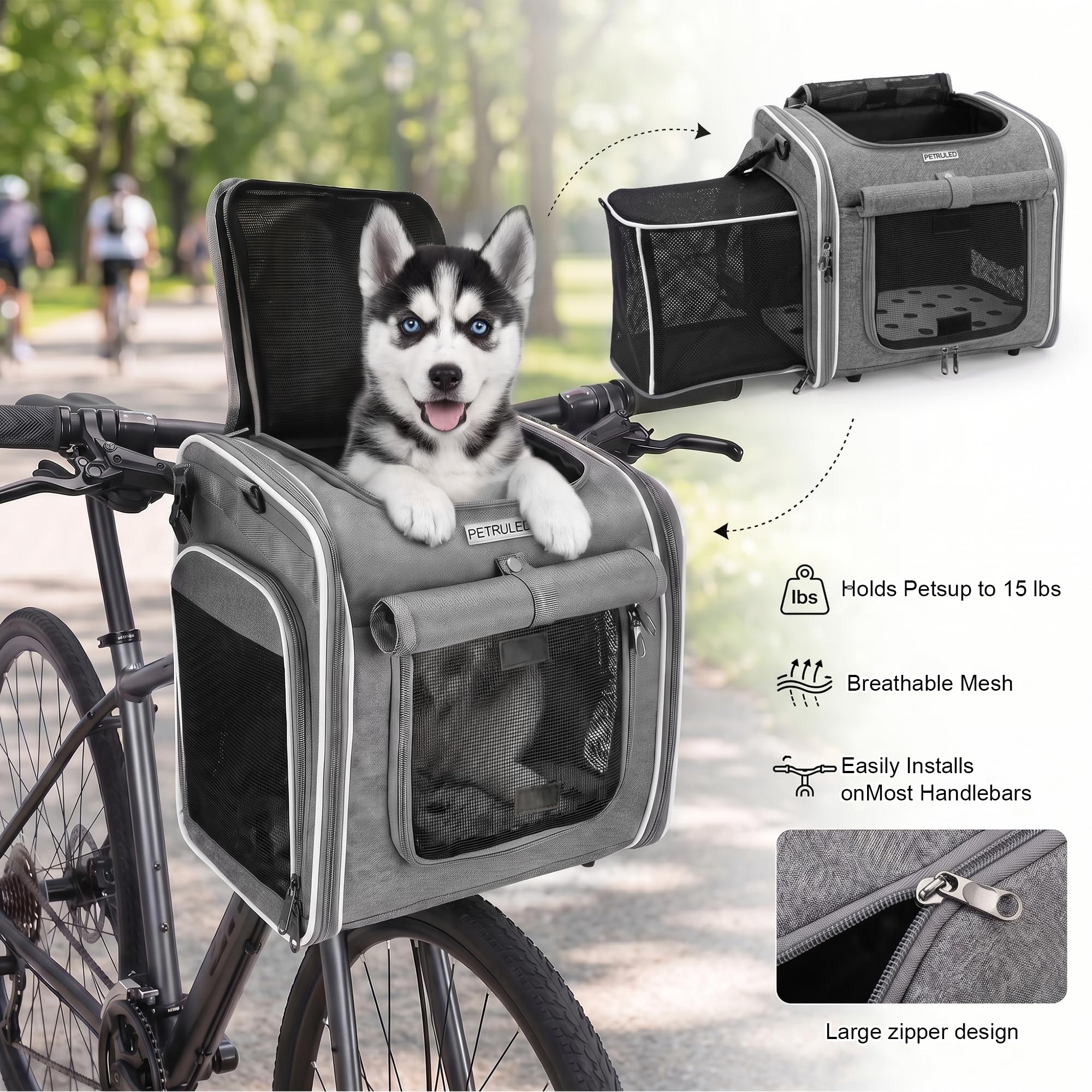 Hundefahrradkorb, Erweiterbarer, Weicher Fahrradtransportrucksack mit 4 Mesh-Fenster, 4 Offenen Türen für Kleine Hundekatzenwelpen