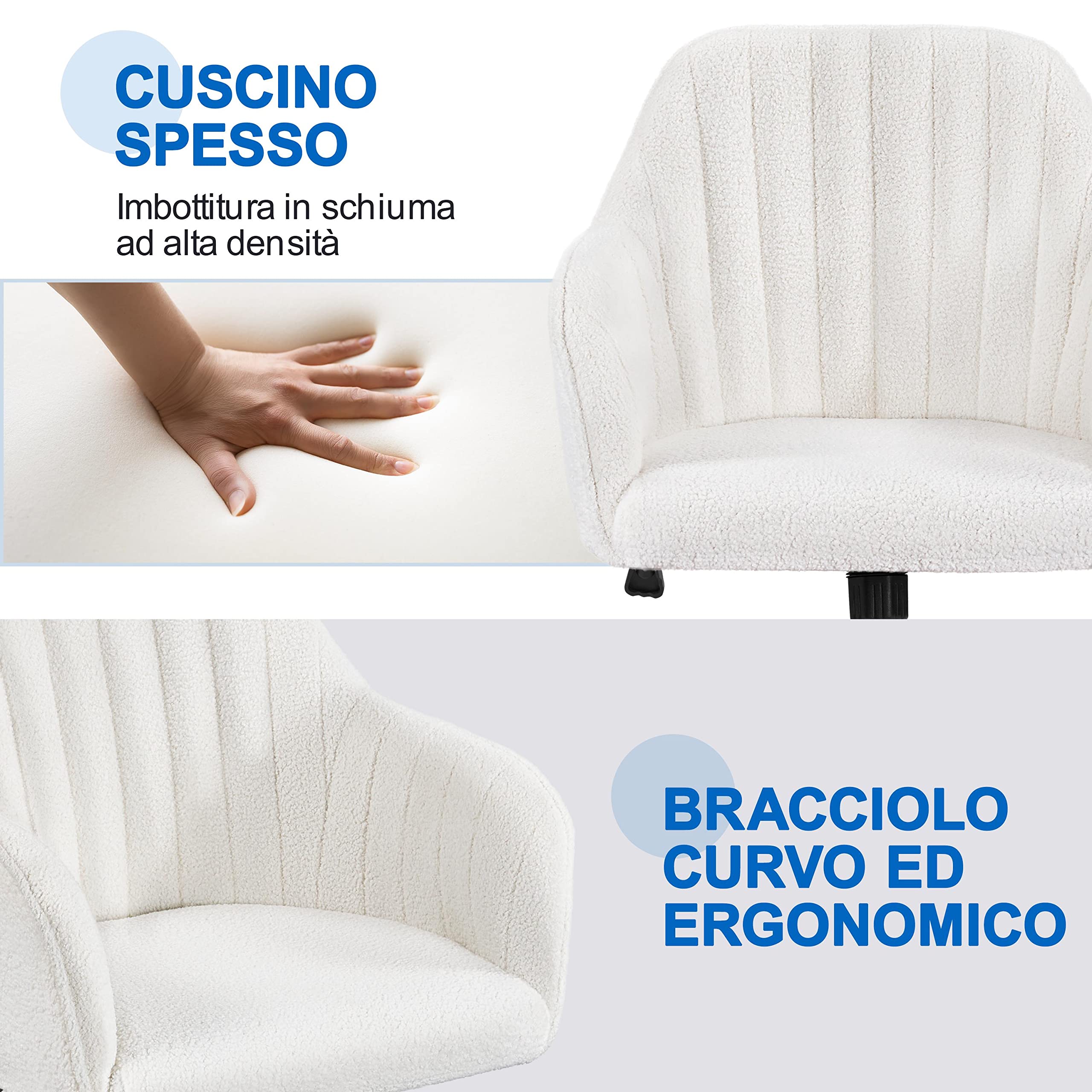 Yaheetech Sedia Scrivania Ergonomica Poltroncina Ufficio in Bouclé | Altezza Regolabile, con Braccioli, Girevole a 360°, Reclinabile 20°, Portata 136 kg, Avorio