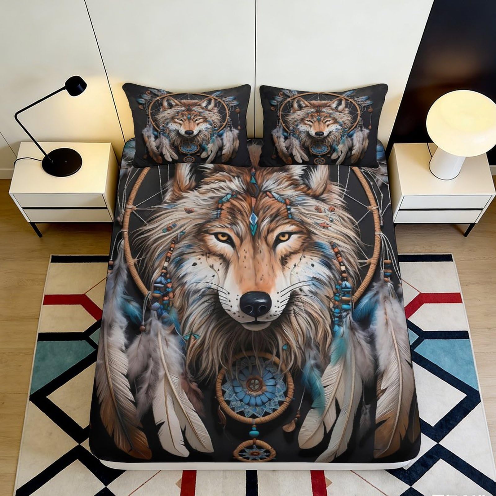 3D Printed Wolf Dreamcatcher Fitted Sheet Microfiber Durable Soft 3D Printed Feather Bed Cover for Bedroom Dormitory Home Mattress Protection 180x200x25cm