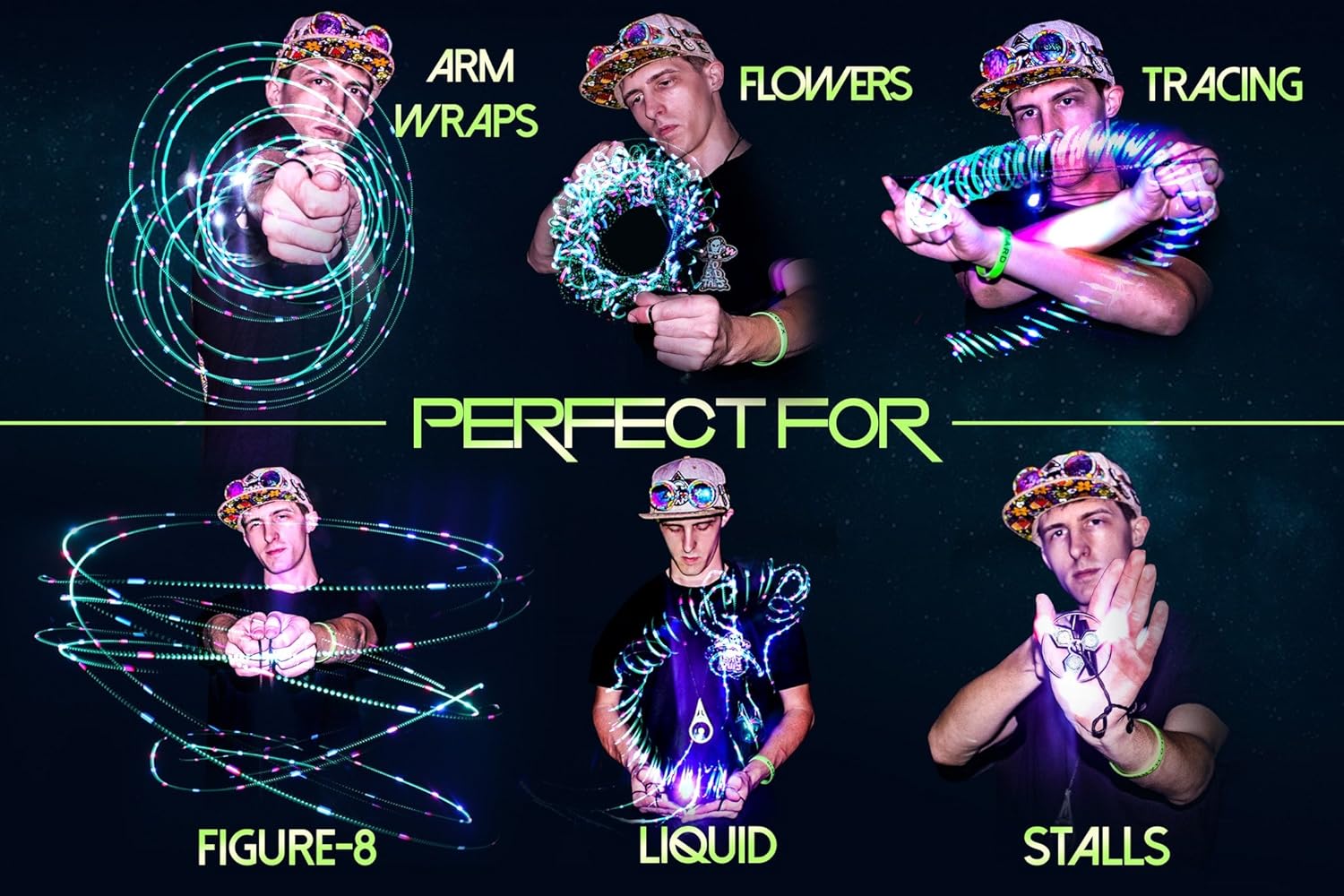 Six different light flow patterns demonstrated by a person using the GloFX Ion Orbit: Arm Wraps, Flowers, Tracing, Figure-8, Liquid, and Stalls.