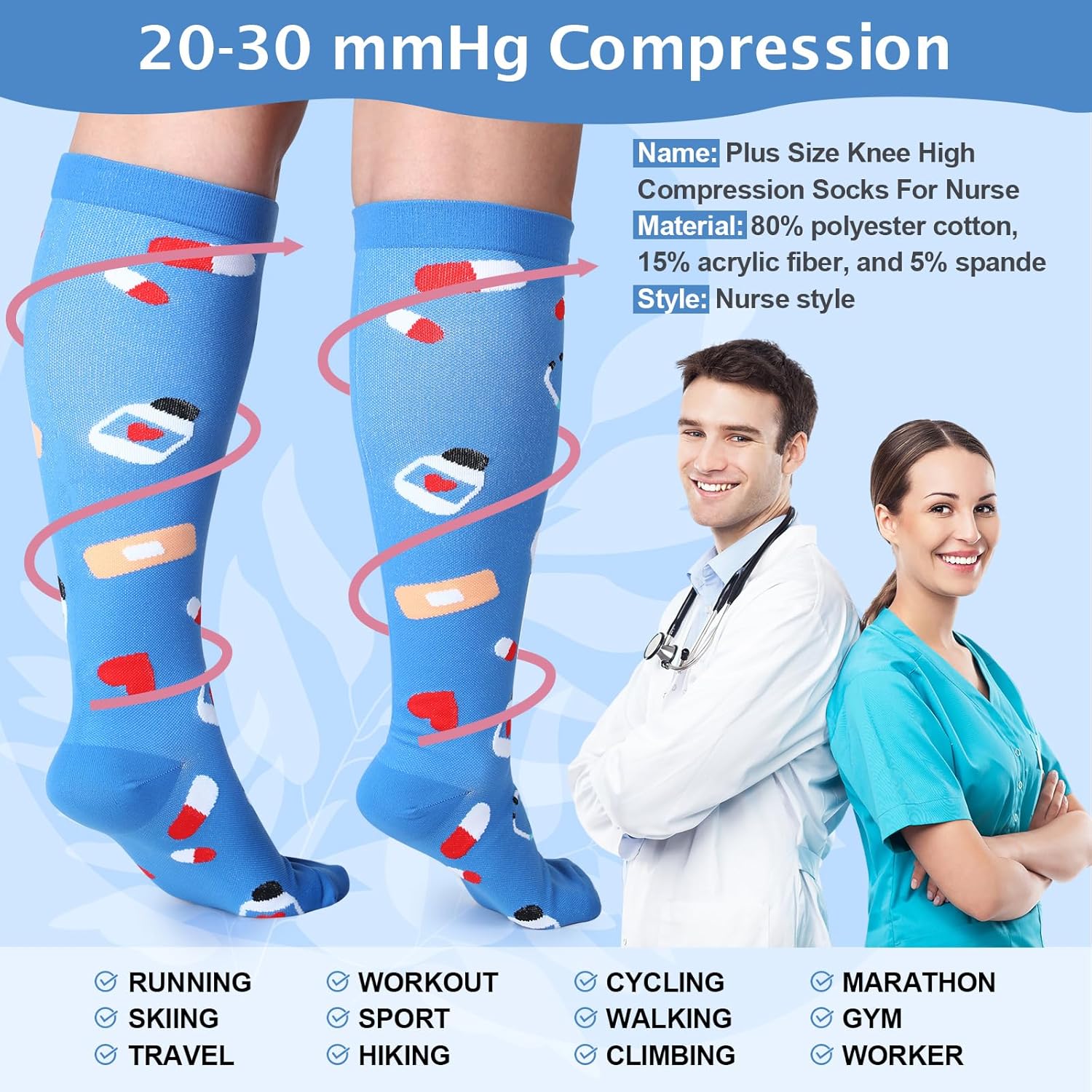 8 Pairs Nurse Plus Size Compression Socks for Women & Men, Wide Calf Extra Large Knee High 20-30 mmHg Nursing Socks Nurse Week Cna Gifts for Circulation Support, Medical, Running, Athletic