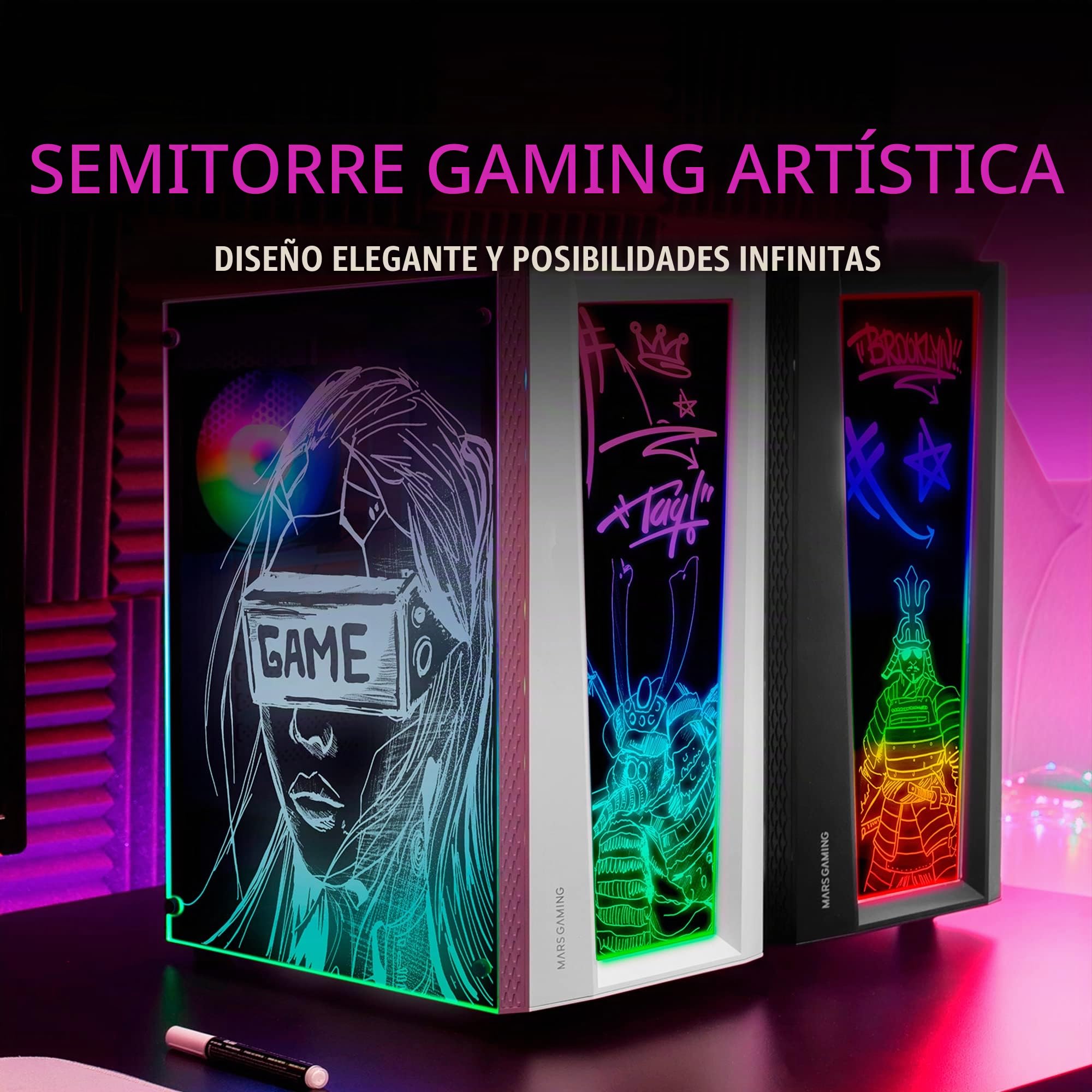 Mars Gaming MC-Art, Caja PC Gaming ATX, Doble Cristal Templado Dibujable, ARGB 12 Modos, Ventilador 12 cm, Blanco