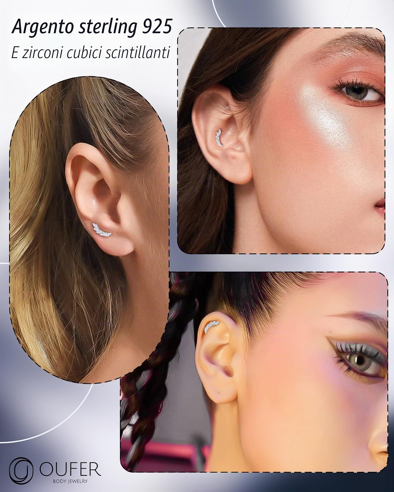OUFER Helix Piercings Jewellery - Piercing a forma di conchiglia, in argento Sterling 925, per cartilagine e cartilagine, 16 G, AAA+, con zirconia cubica, regalo per donne e ragazze