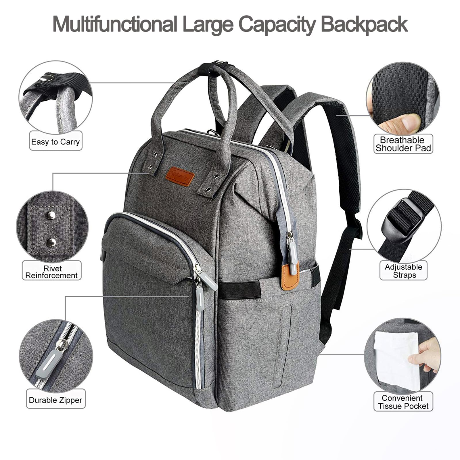 Zaino per pannolini, multifunzionale, grande capacità, borsa da viaggio, con borsa termica, tracolla regolabile, zaino con 2 cinghie per passeggino (grigio), grigio., Große Kapazität