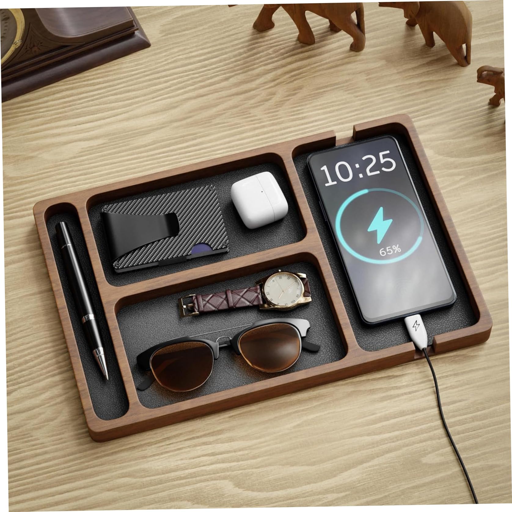 Organiseur de table de nuit, plateau voiturier en bois avec incrustation en cuir, organisateur table nuit 12 x 8 compartiments pour hommes et femmes, plateau fourre-tout pour clés, téléphone