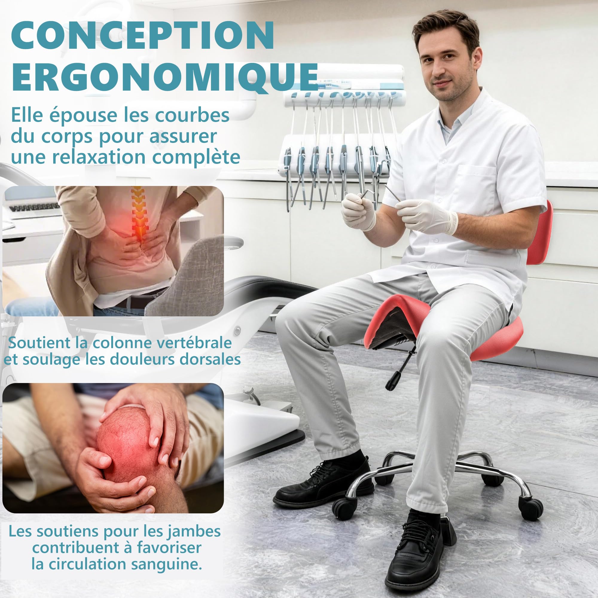 Mingone Tabouret de travail ergonomique pivotant à 360° - Hauteur réglable - Avec dossier à roulettes - Rouge
