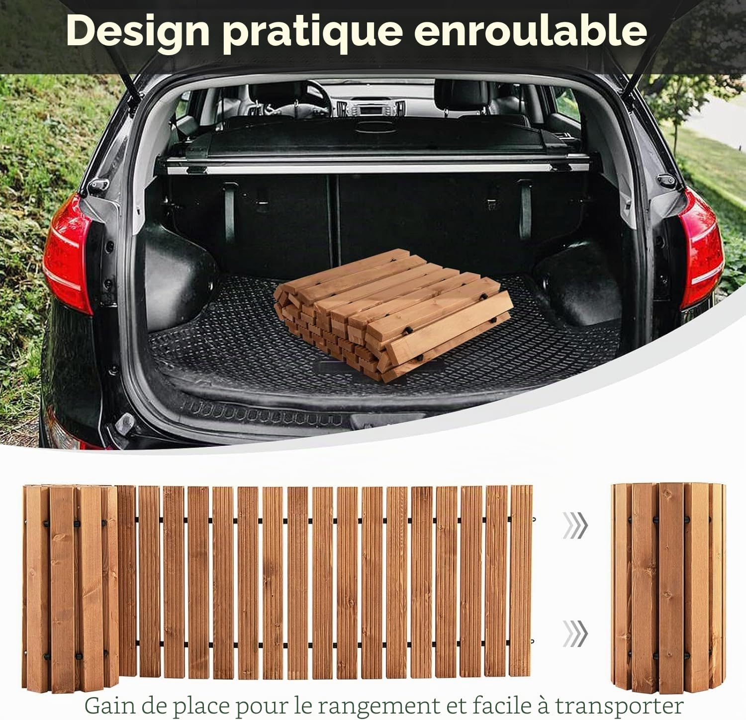 FANTASK Chemin de Jardin déroulable en Bois - 245 cm - Largeur : 55 cm - Chemin Roulant avec Fil d'acier - Marron Clair