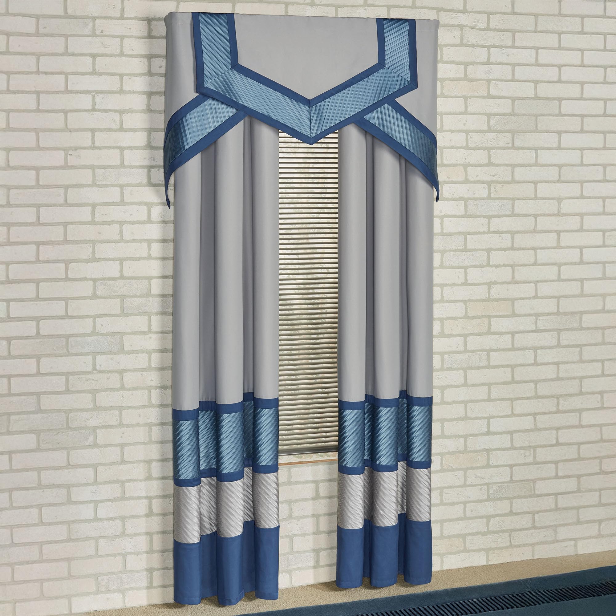 Beta Contemporary Luxury Window Treatment | Sophisticated | Blue Shadow, Stone, Dark Blue | Pleated | Silky Polyester Satin | 4 Piece Window Set: 84L Curtain Panel Drapery Pair and Cornice Valance Set