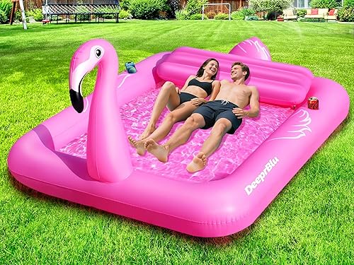 Piscina de bronceado inflable de flamenco de lujo para 2 personas, 81 x 60 pulgadas, flotador para tumbona para tomar el sol, piscina de bronceado