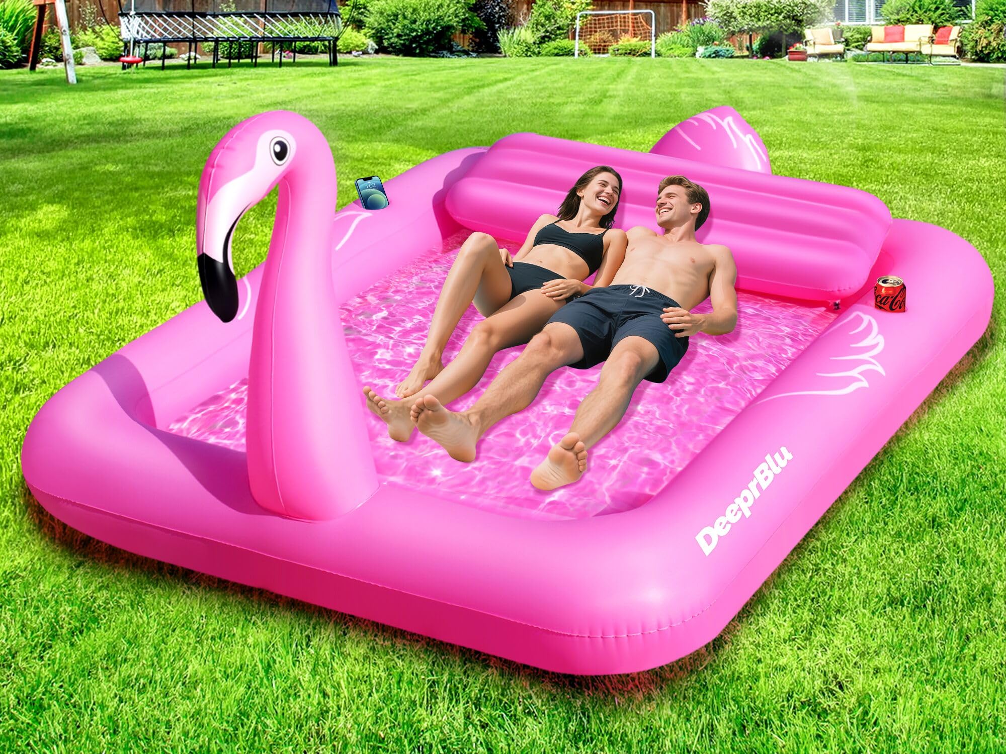 DeeprBlu Luxury Flamingo Inflatable Tanning Pool for 2 Person, 81x60 inch Sunbathing Pool Lounger Float, Pink Blow Up Tanning Pool Suntan Tub, Tanning Water Bed with Cup Holder, Lounge Float for Adult