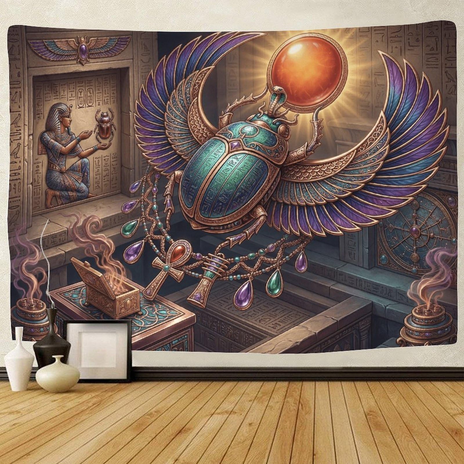 GPMNBCXZK Egyptian Scarab 3D Printed Wall Art Tapestry Bedroom Home Decor Sun Design 100cmx150cm