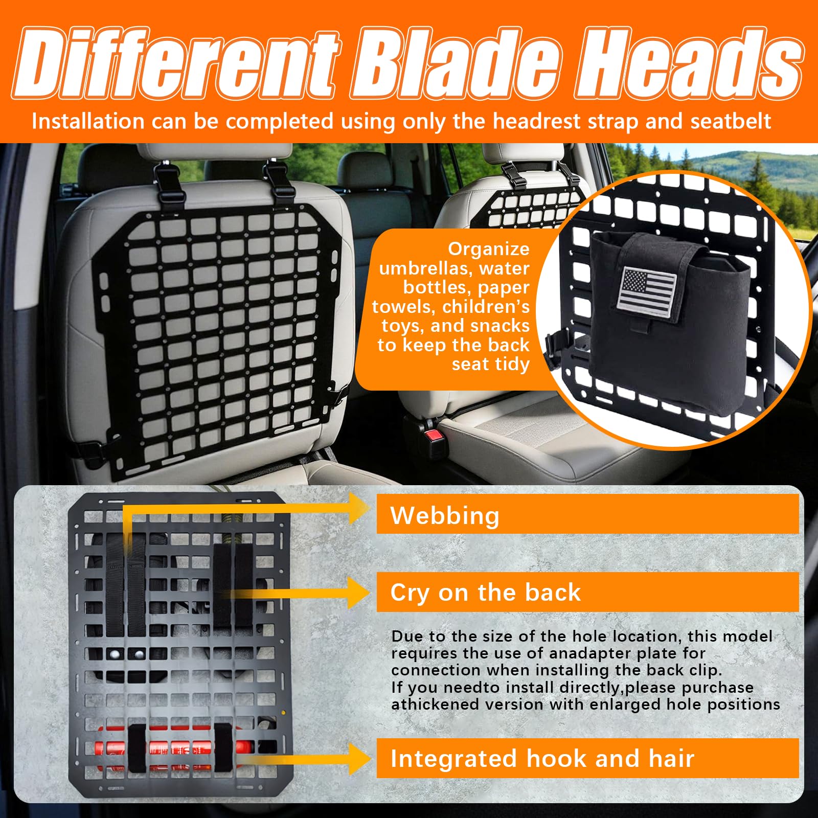 2 Pezzi Pannello Molle Organizer per Sedile Posteriore Auto, Pannelli Modulari di Stoccaggio Portaoggetti per Sedile Auto, Organizzatore Tattico per Schienale dell'Auto per Camion Pick-up SUV, Nero