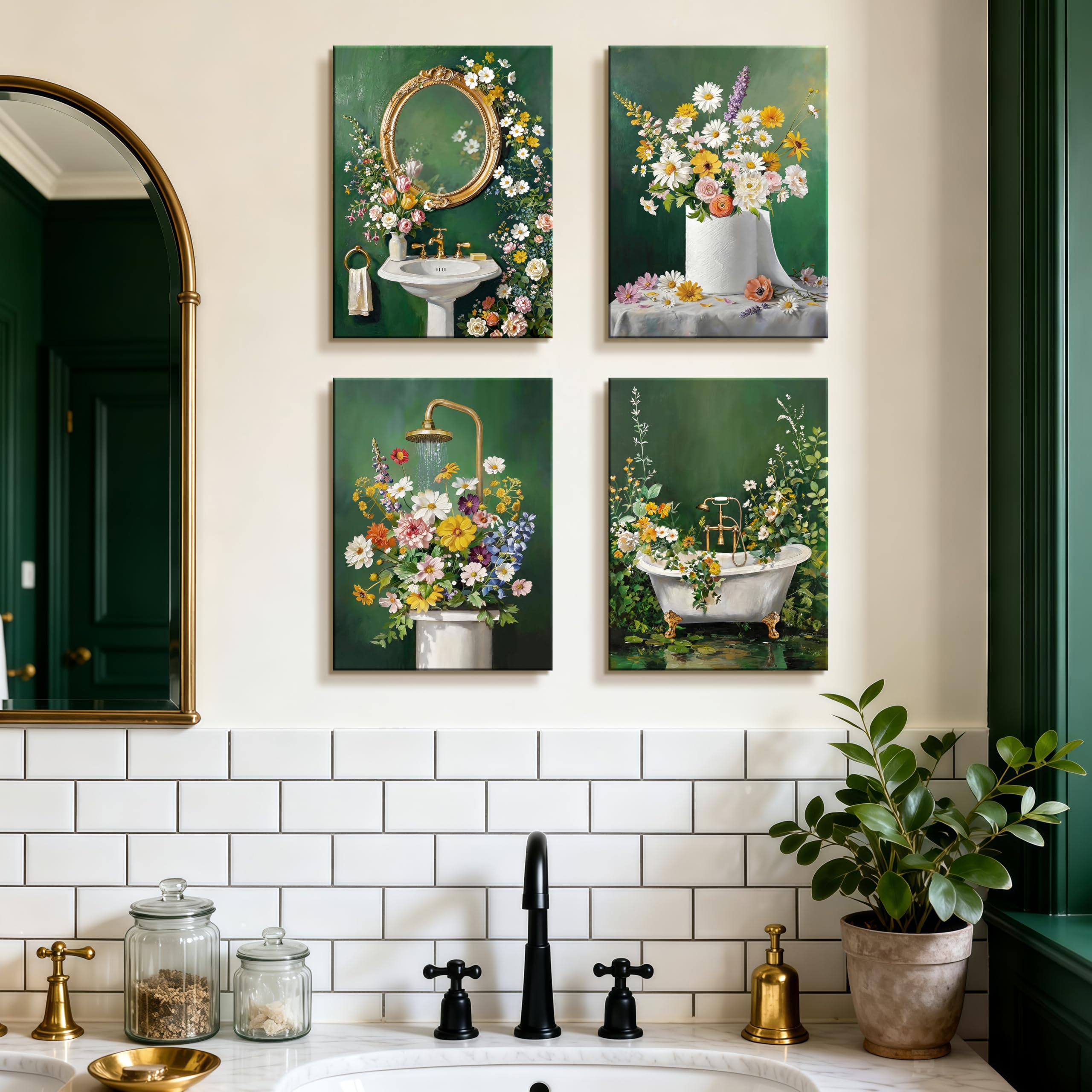 4Pcs Stampa su tela Con Cornice Bagno in Stile Botanico Verde Pittura Foglie di Fiori Selvatici Verde Quadri su tela Poster da parete Quadretti Quadri Moderni Lavabo WC Vasca da Bagno 30x40cm x4