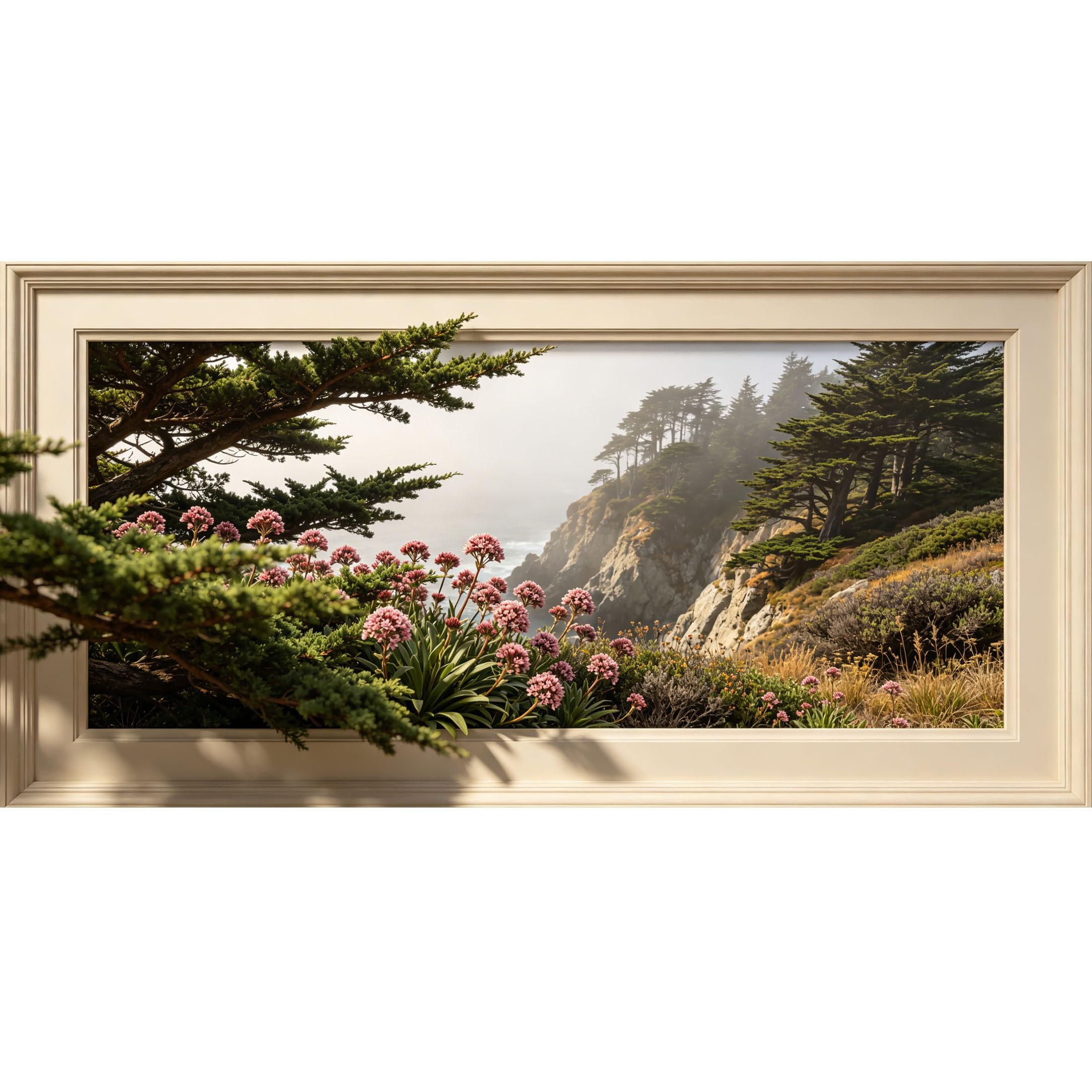 Agglomerix 3D Framed Wall Art Coastal Landscape Botanical Pink Flower Pine Tree Cliff Ocean View Large Size SelfAdhesive Removable Wall Decor Prints Artwork for Living Room Bedroom Office