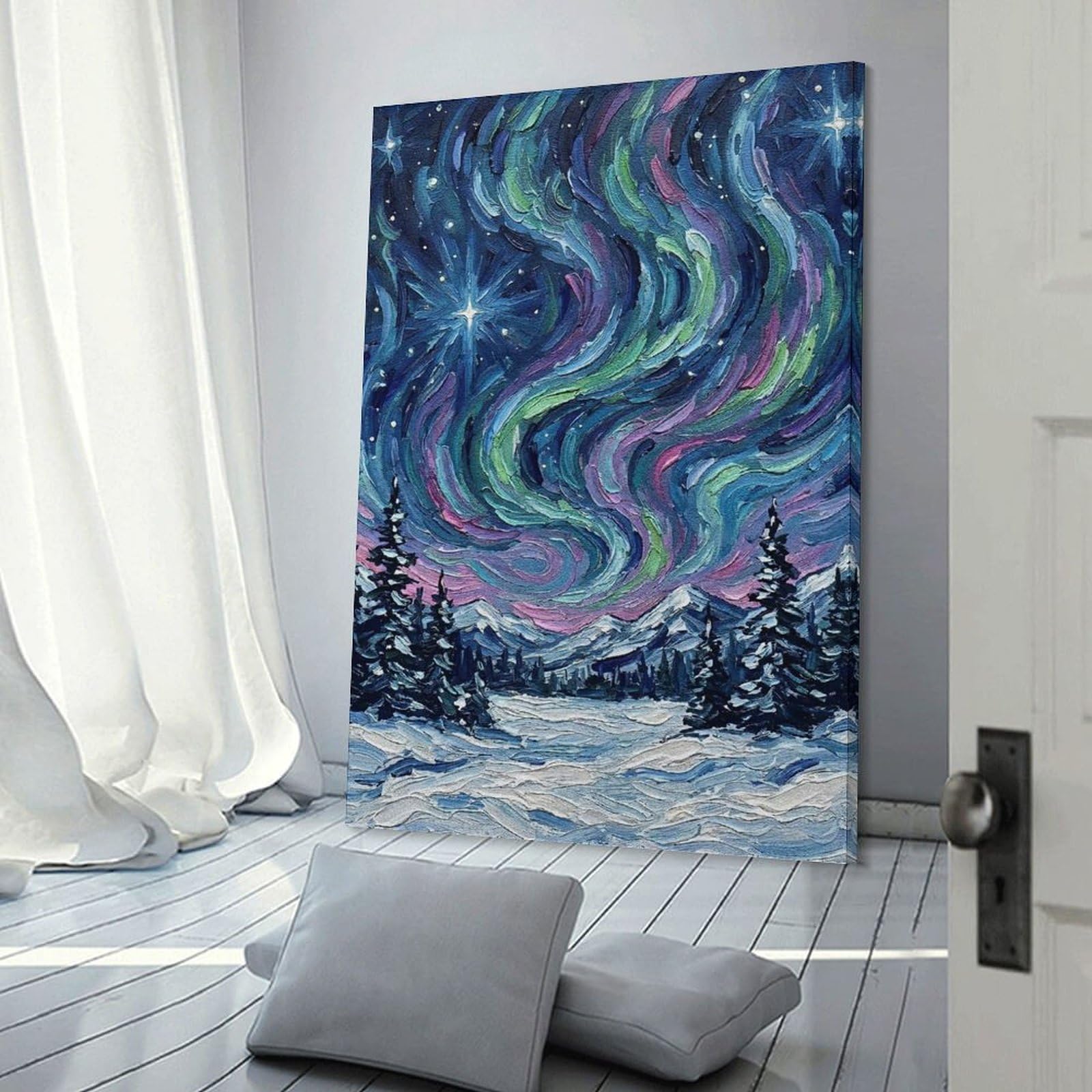 Junmoney Decorative Wall Artwork Aurora Borealis Winter Landscape Painting, 20x30inch(50x75cm), for Living Room, Bedroom Or Apartment Walls, Decorative Artwork for Empty Walls